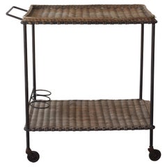 Vintage Wicker and Iron Bar Cart by jacques Adnet, France, 1950s