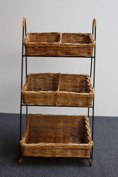 Vintage Wicker and Iron Three-Tiered Rectangular Basket Stand