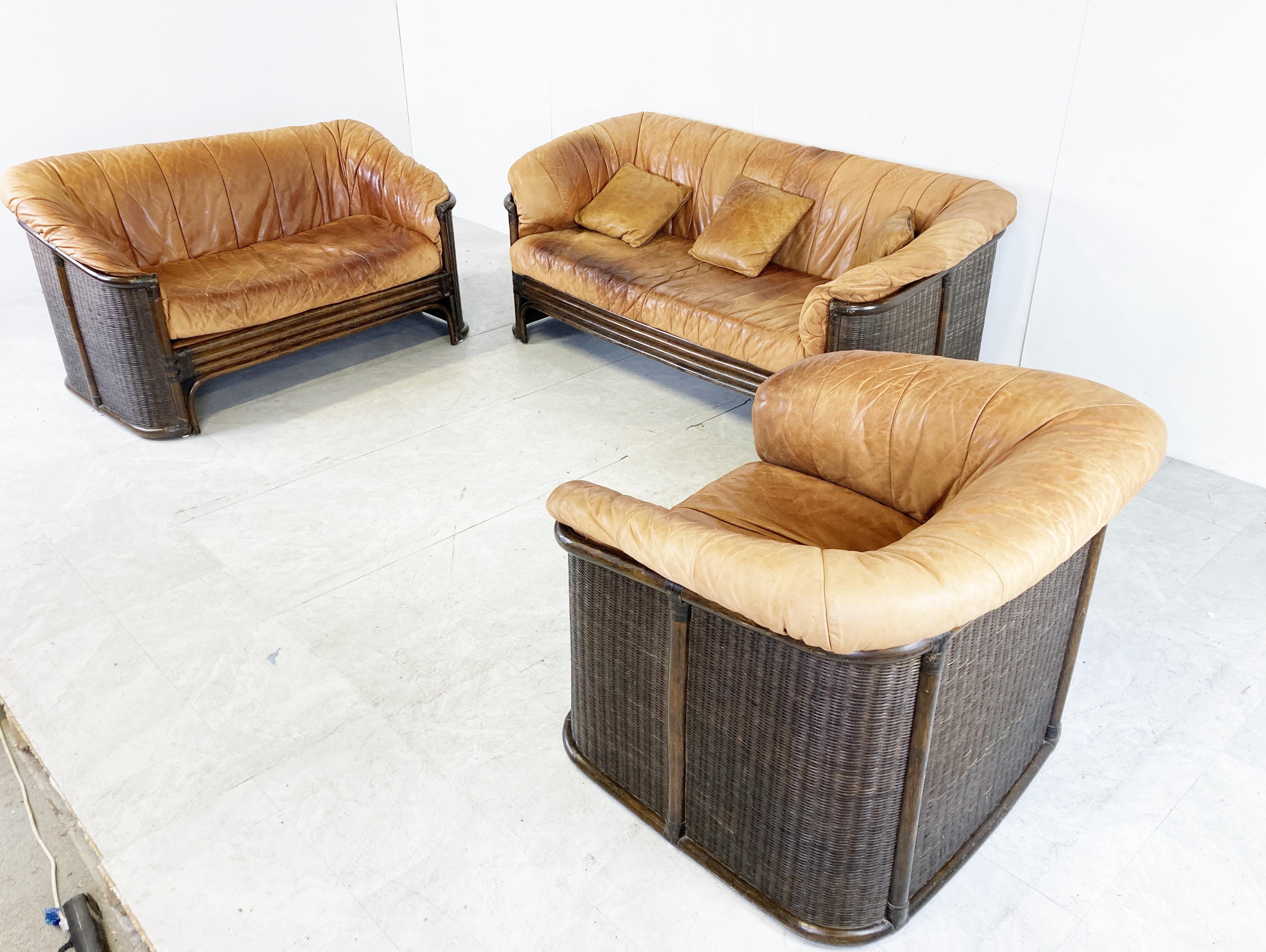 Bohemian Vintage Wicker and Leather Sofa Set, 1960s For Sale