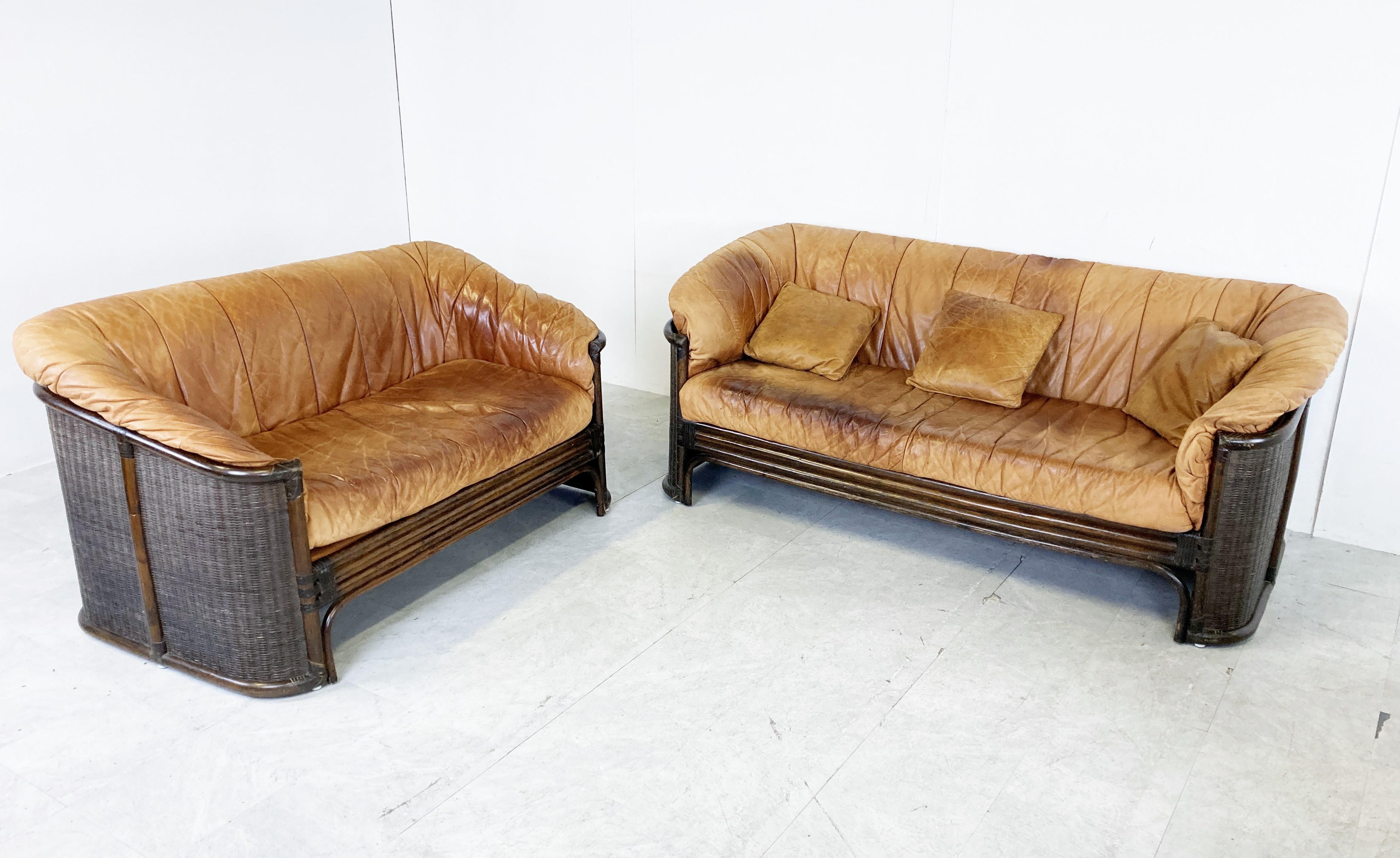 French Vintage Wicker and Leather Sofa Set, 1960s For Sale