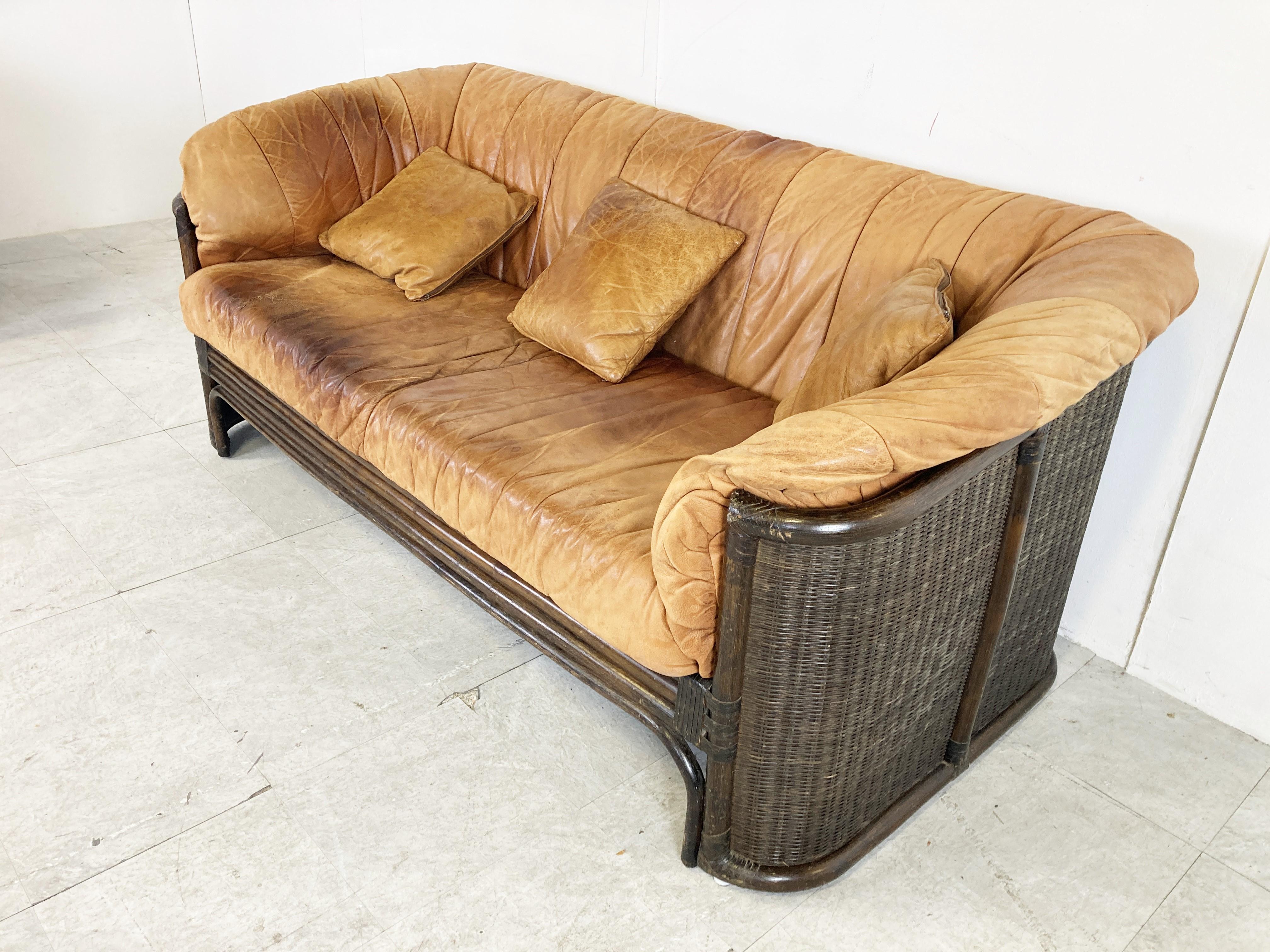 Mid-20th Century Vintage Wicker and Leather Sofa Set, 1960s For Sale