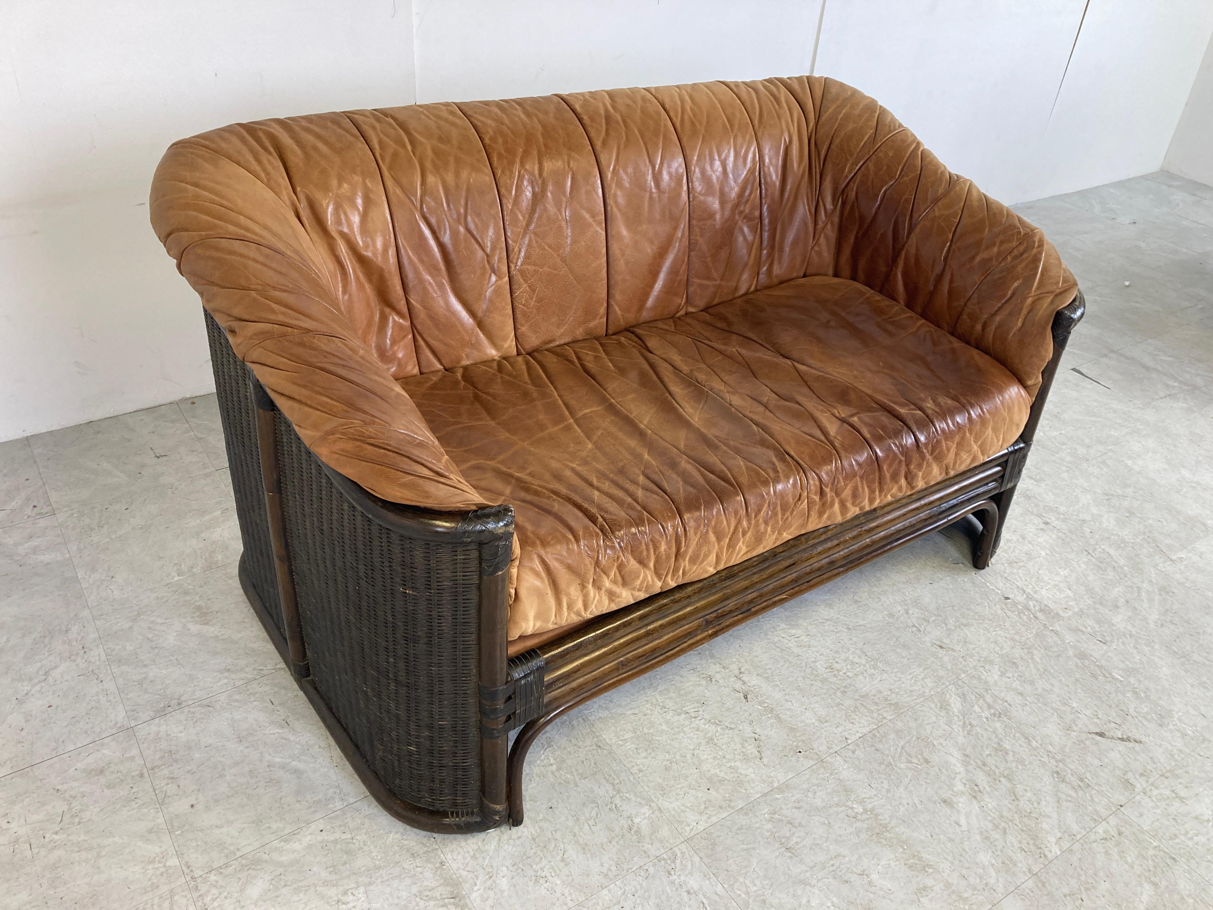 Vintage Wicker and Leather Sofa Set, 1960s For Sale 3