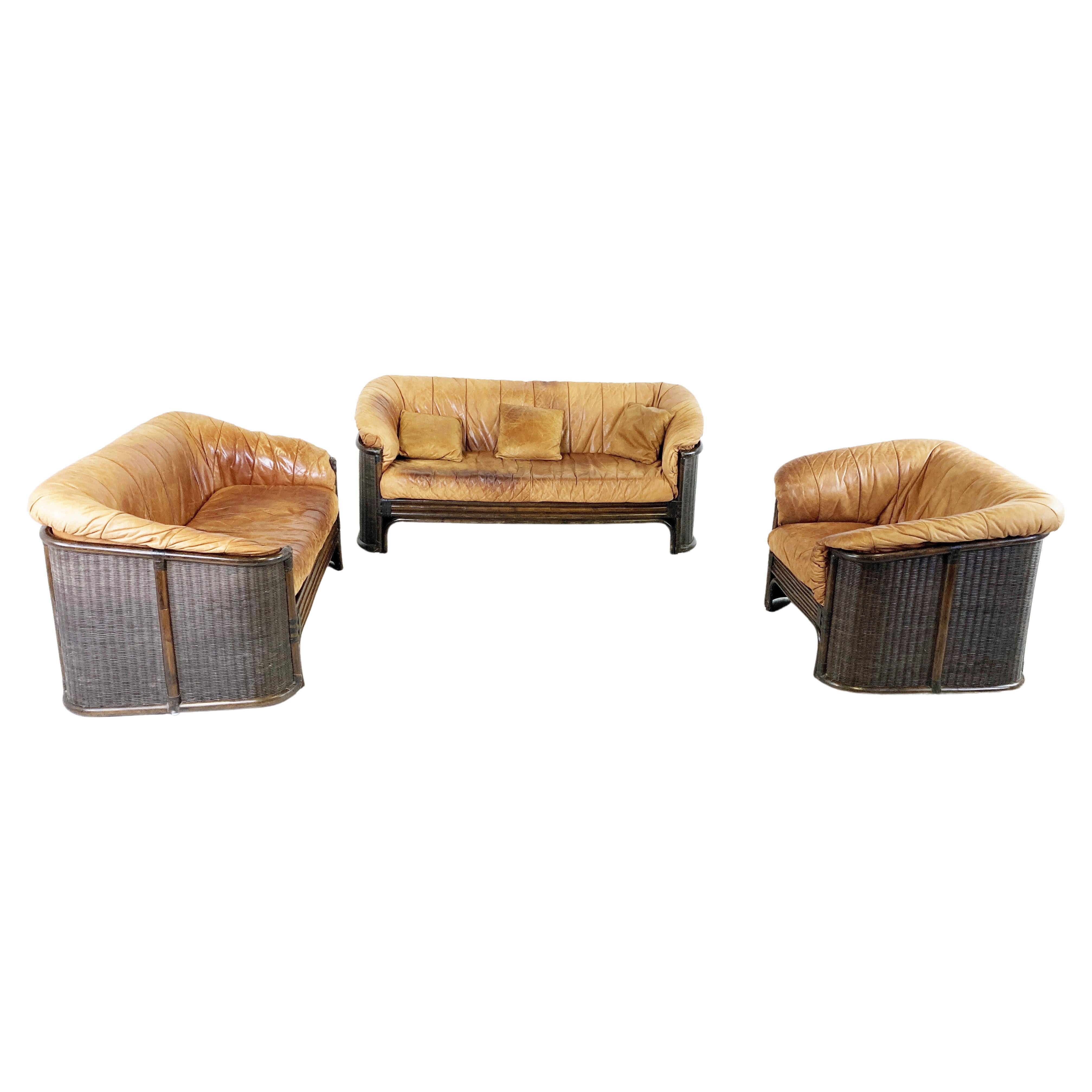 Vintage Wicker and Leather Sofa Set, 1960s