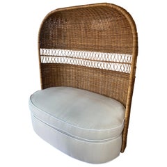 Vintage Wicker and Rattan Dome Hooded Loveseat Settee Chair Newly Upholstered