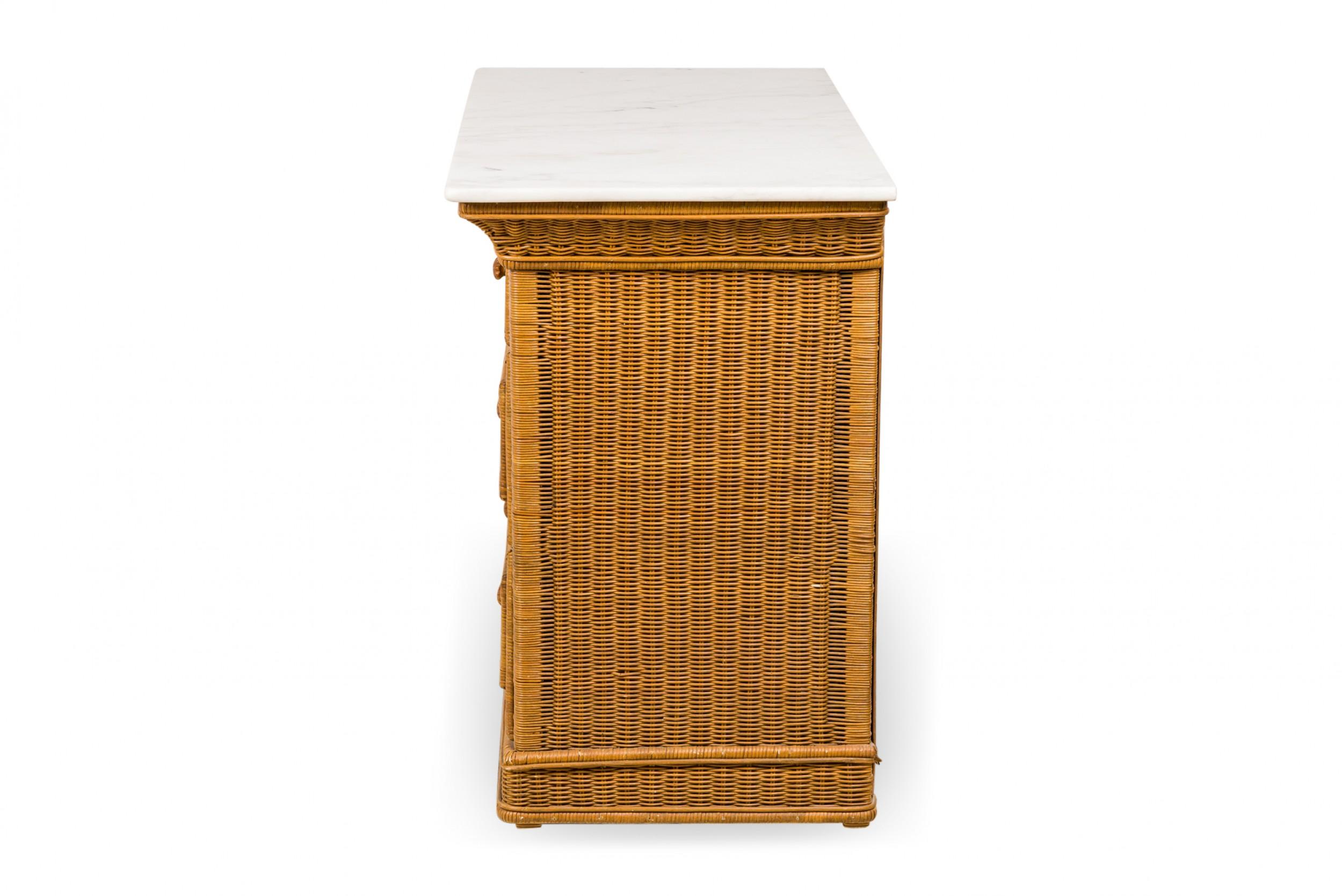 Vintage Wicker and White Marble Four Drawer Chest In Good Condition In Queens, NY