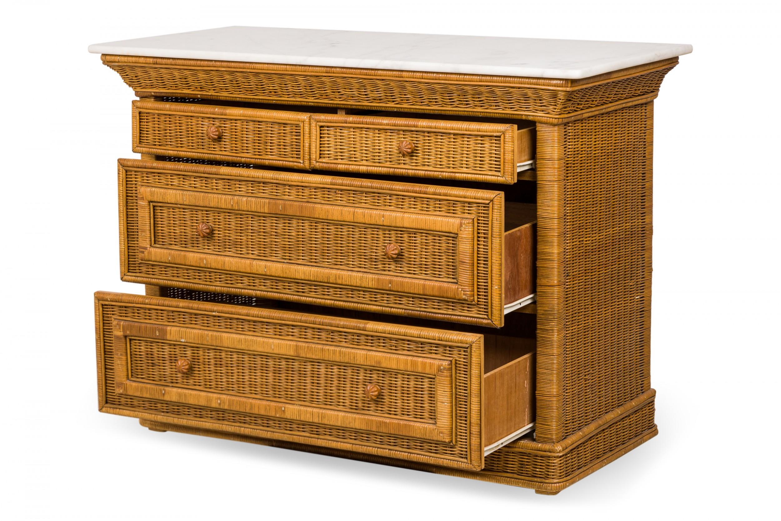 Vintage Wicker and White Marble Four Drawer Chest 1