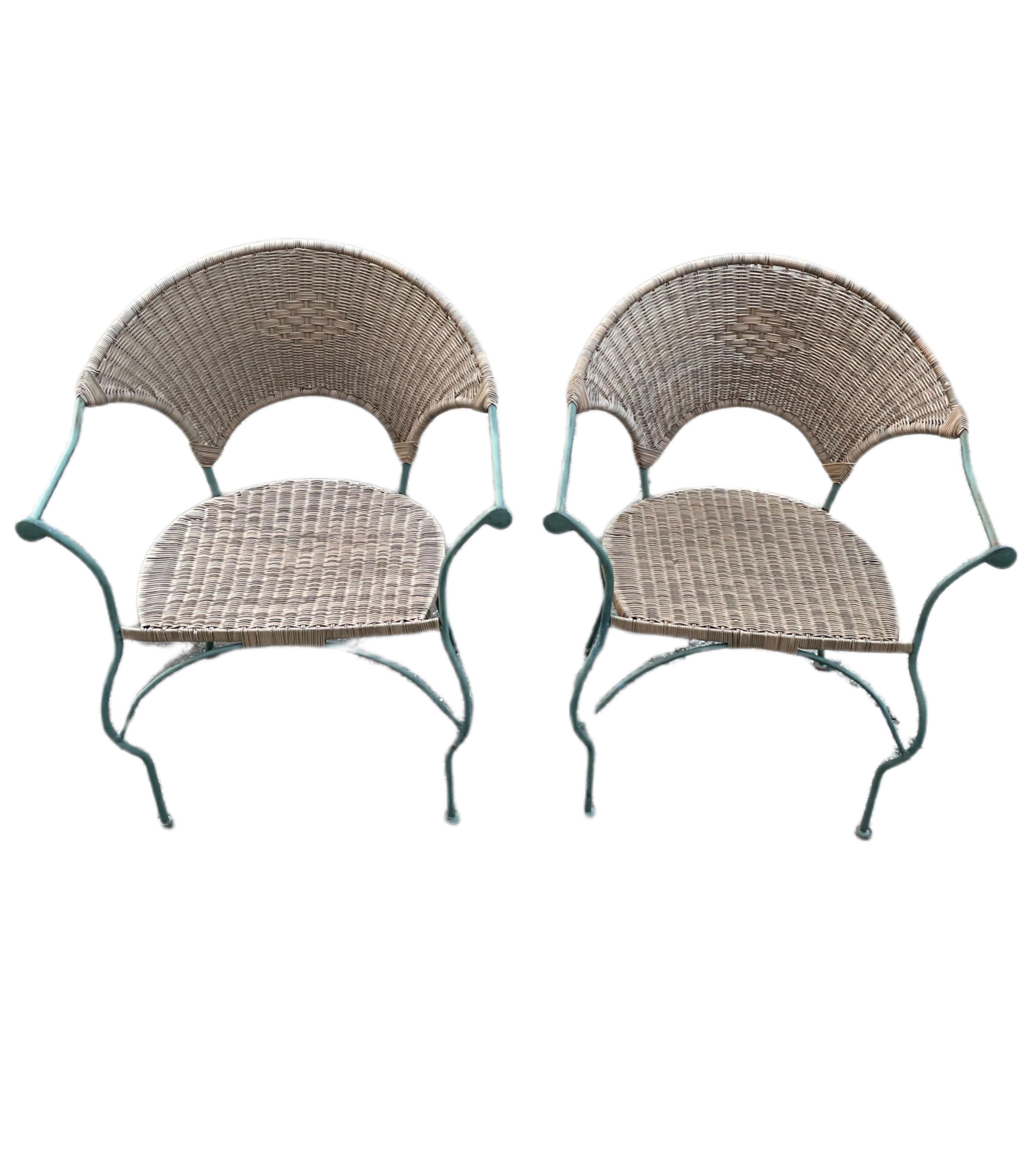 Vintage Wicker and Wrought Iron Patio Cafe Chairs For Sale 5