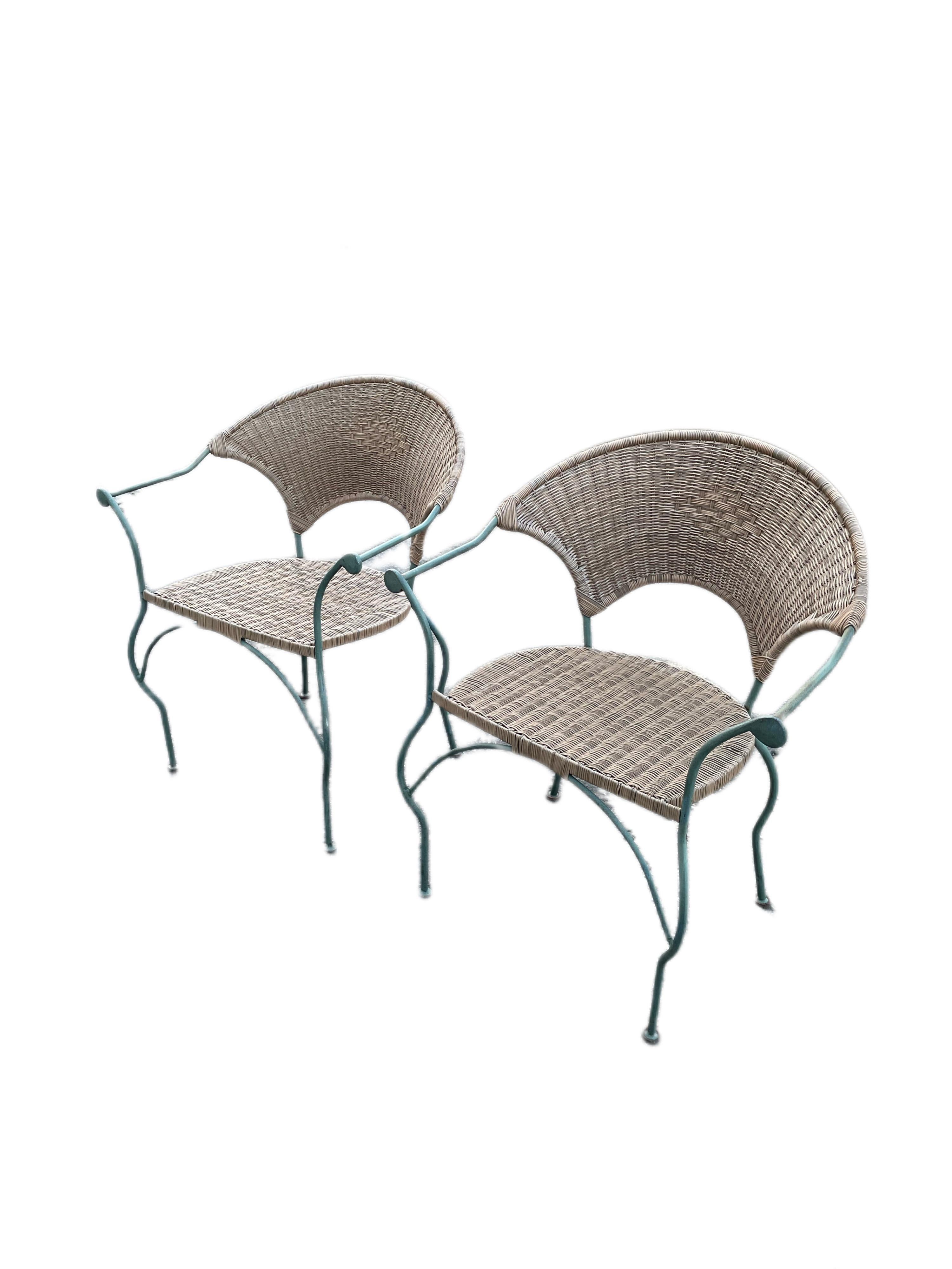 Mid-Century Modern Vintage Wicker and Wrought Iron Patio Cafe Chairs For Sale
