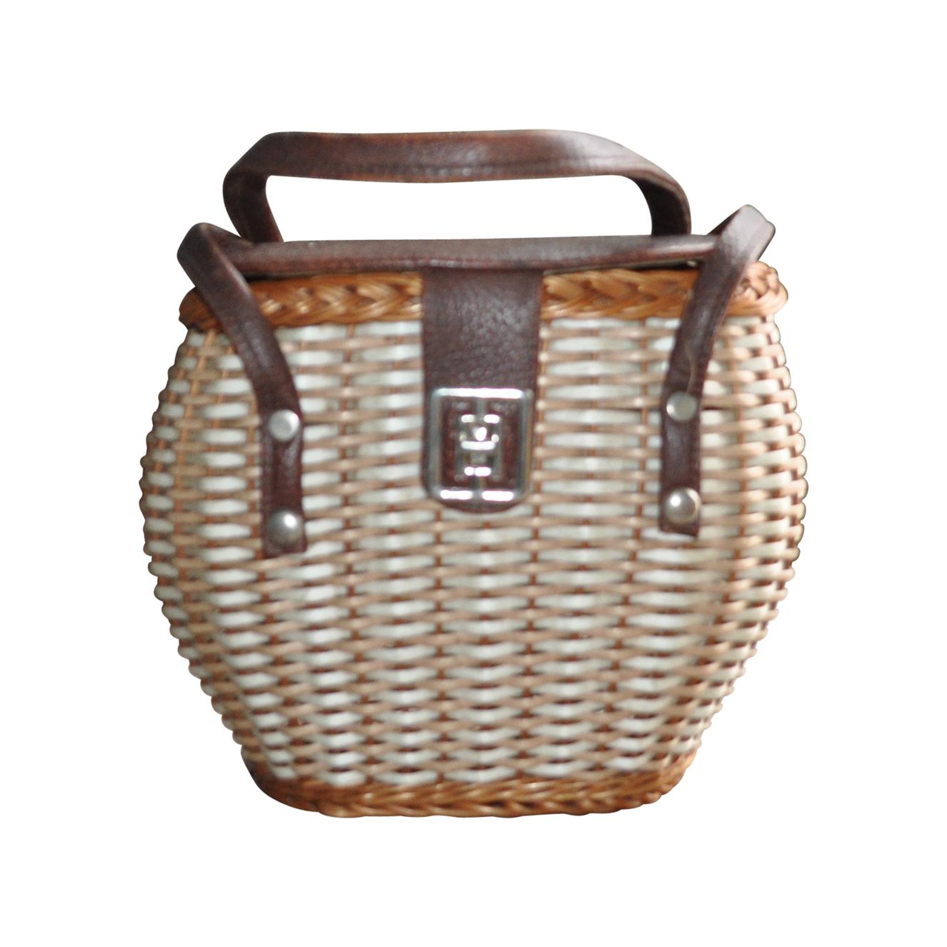 Vintage Wicker Bag with Leather Handles For Sale