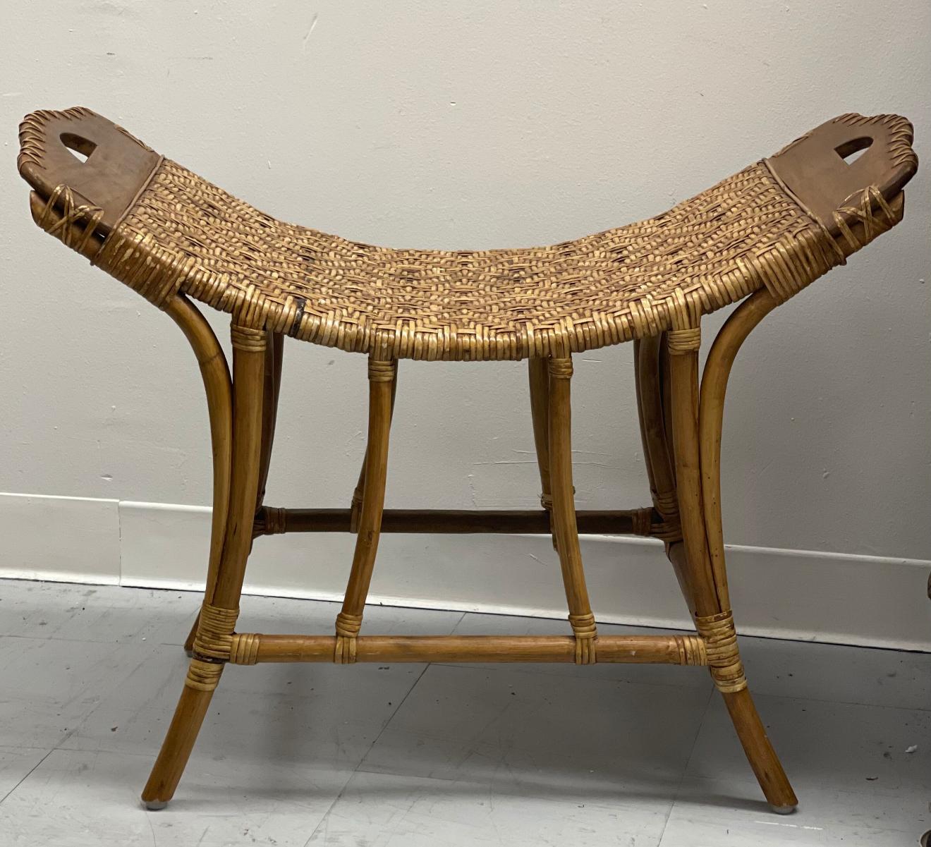 Mid-Century Modern Vintage Wicker Bamboo Curved Bench  Rustic Bench For Sale