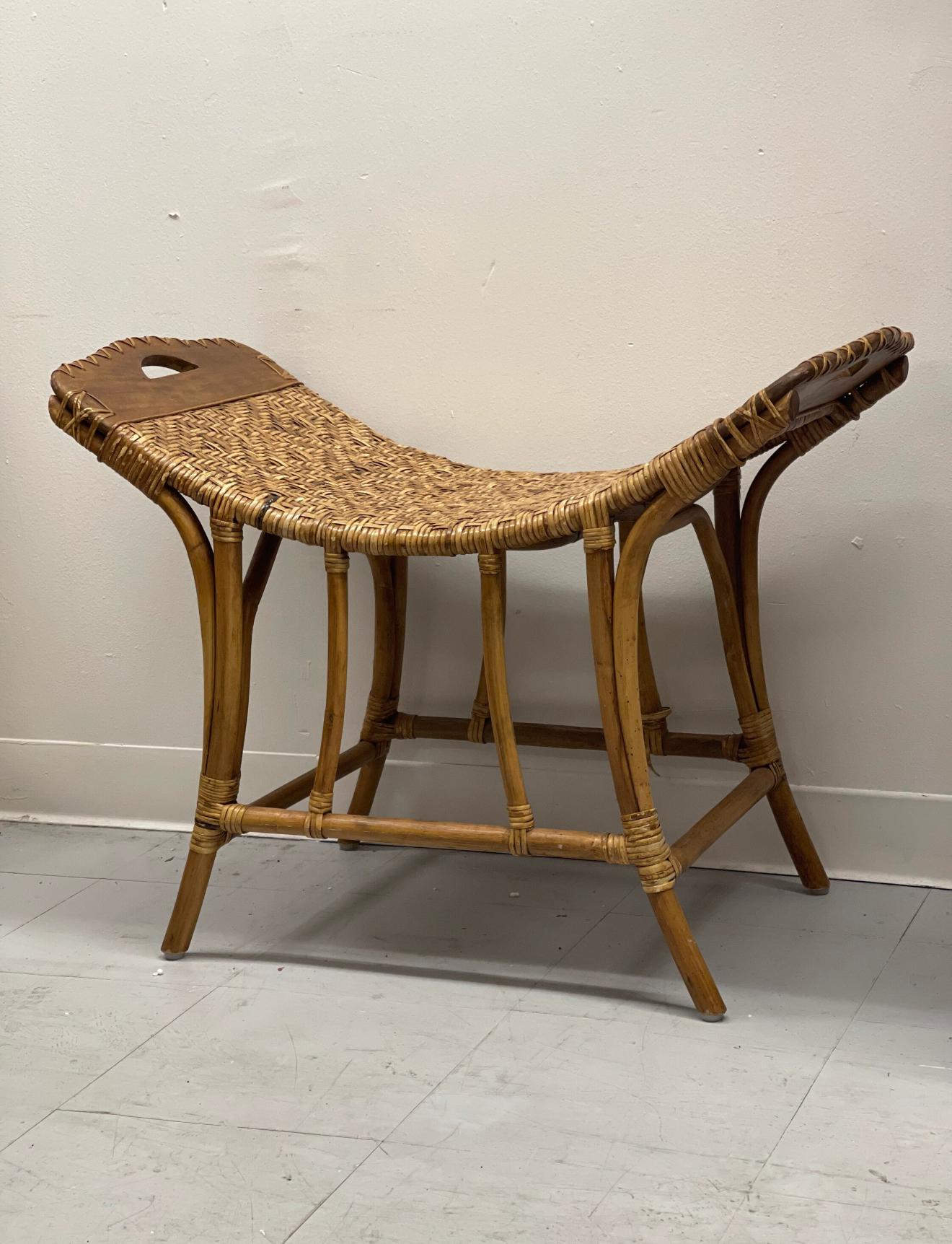 Vintage Wicker Bamboo Curved Bench  Rustic Bench In Good Condition For Sale In Seattle, WA