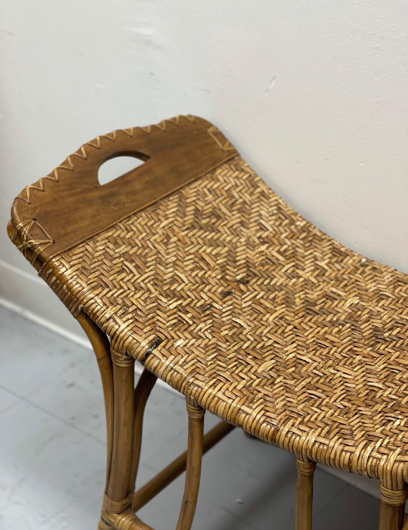 Mid-20th Century Vintage Wicker Bamboo Curved Bench  Rustic Bench For Sale