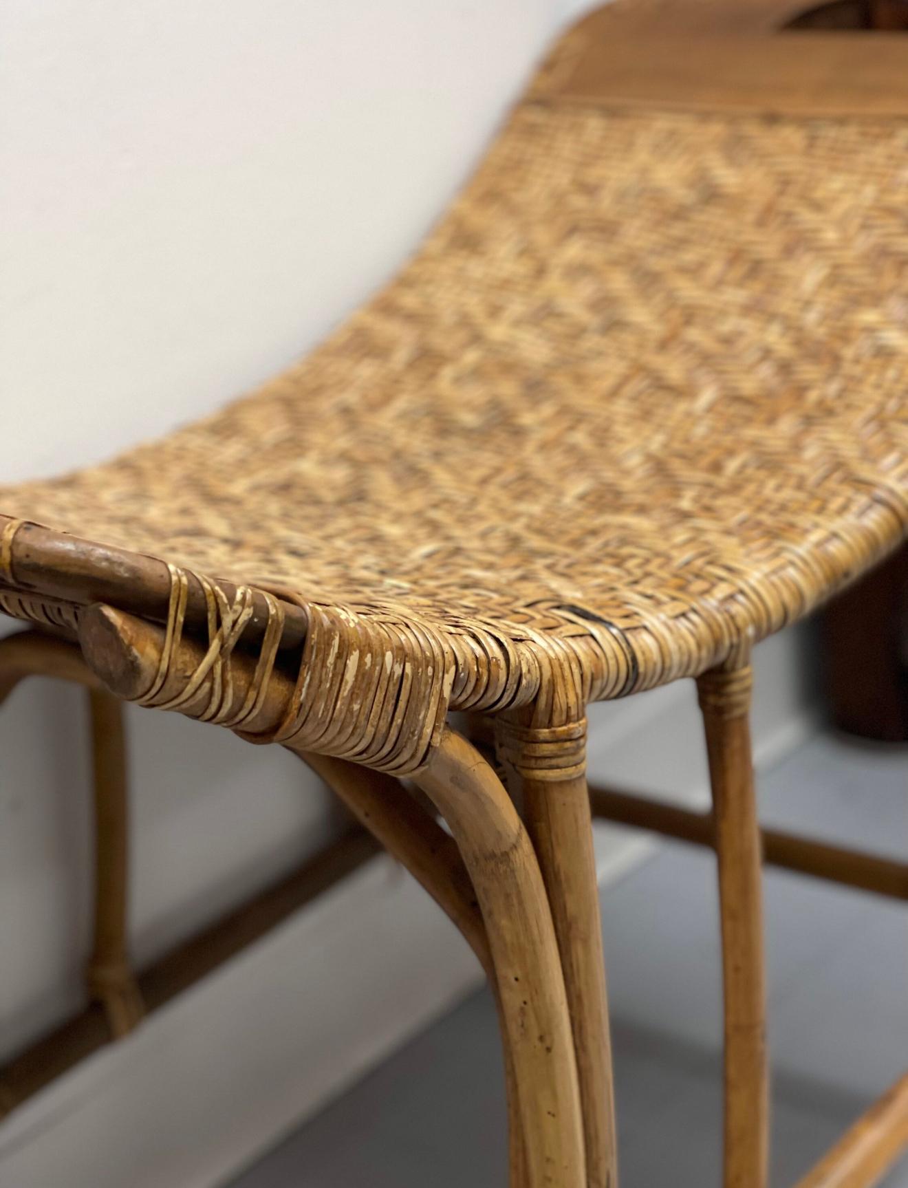 Vintage Wicker Bamboo Curved Bench  Rustic Bench For Sale 1