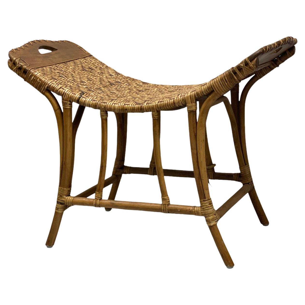 Vintage Wicker Bamboo Curved Bench  Rustic Bench