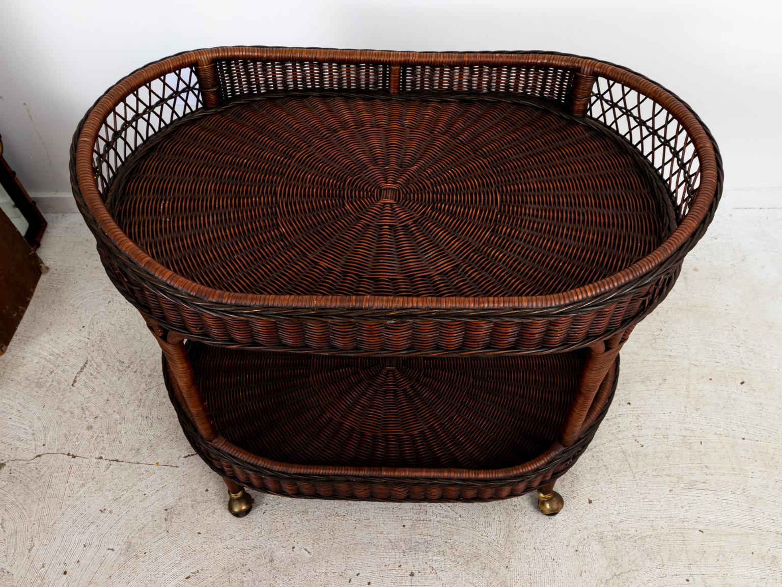 Vintage Wicker Bar Cart In Good Condition In Stamford, CT