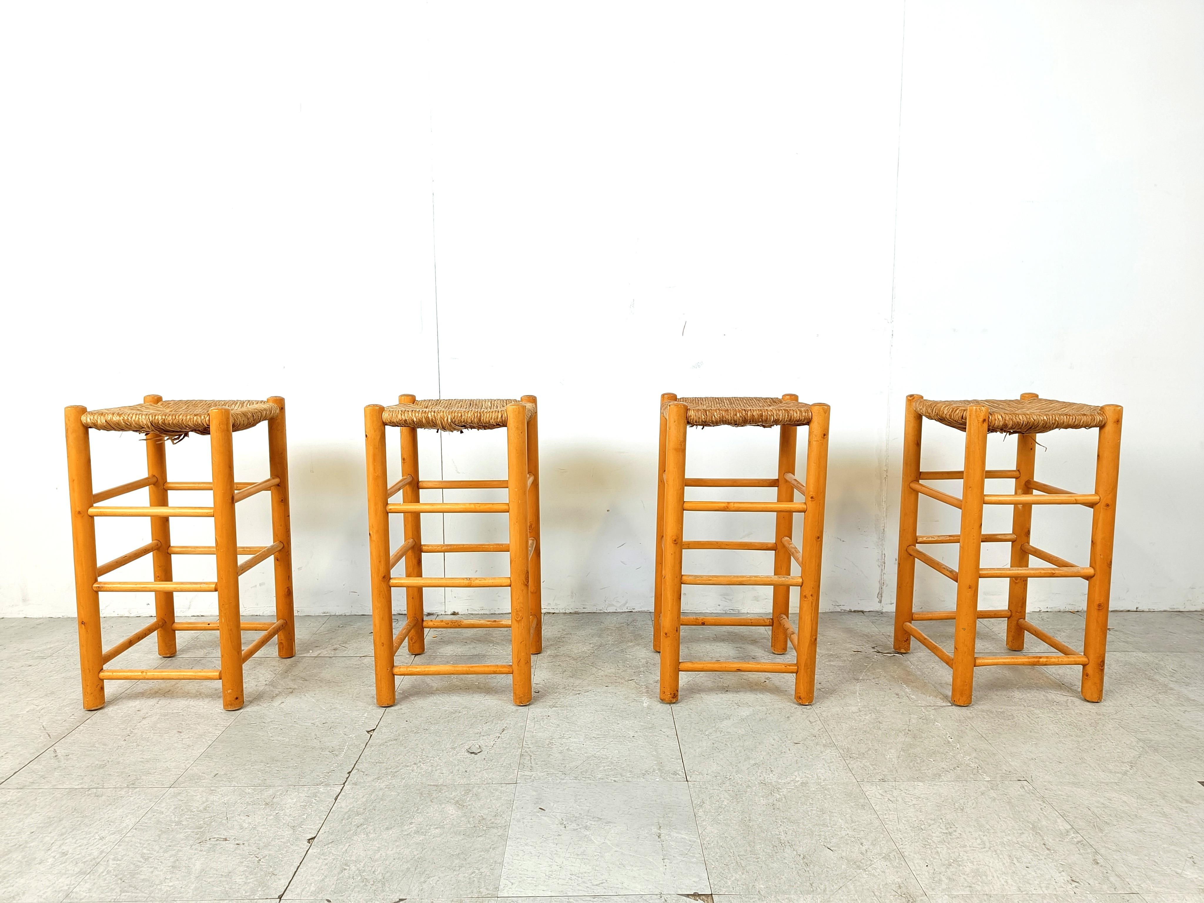 Belgian Vintage wicker bar stools - set of 4, 1960s For Sale