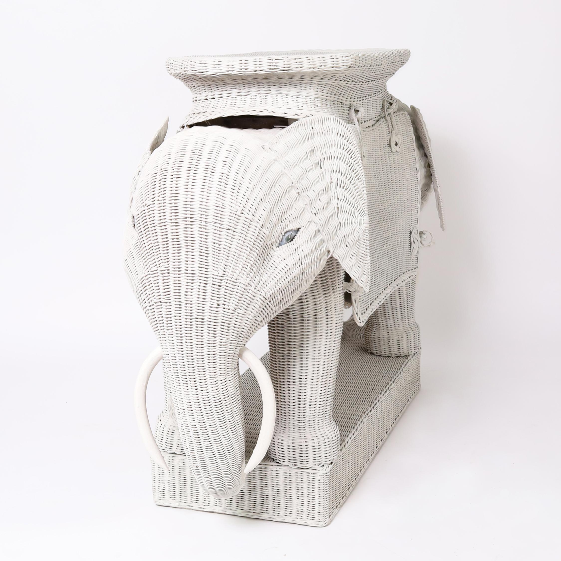 Mid-Century Modern Vintage Wicker Bar with Elephant Heads