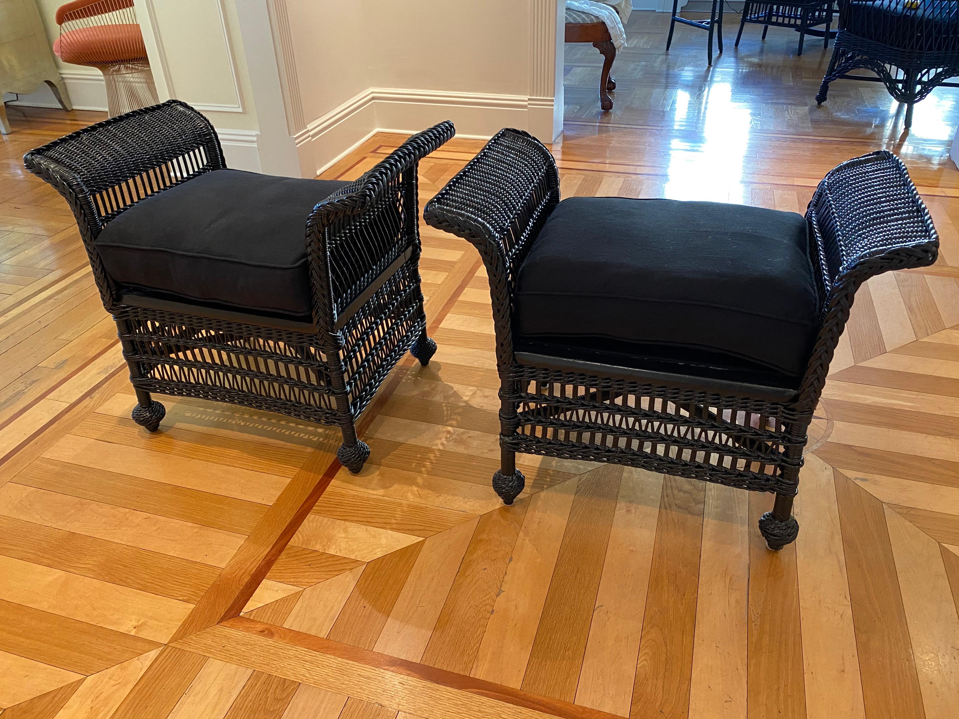 Vintage Wicker Bench or Footstool in Black Finish 2