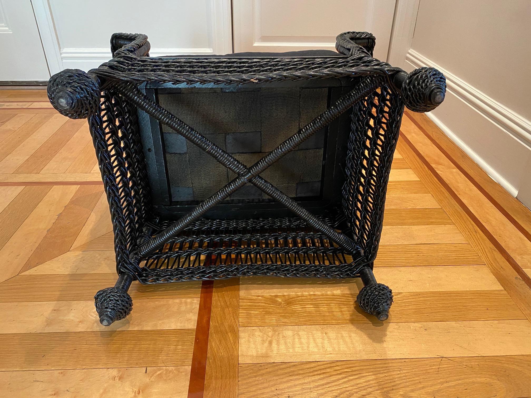 Vintage Wicker Bench or Footstool in Black Finish In Good Condition In Southampton, NY