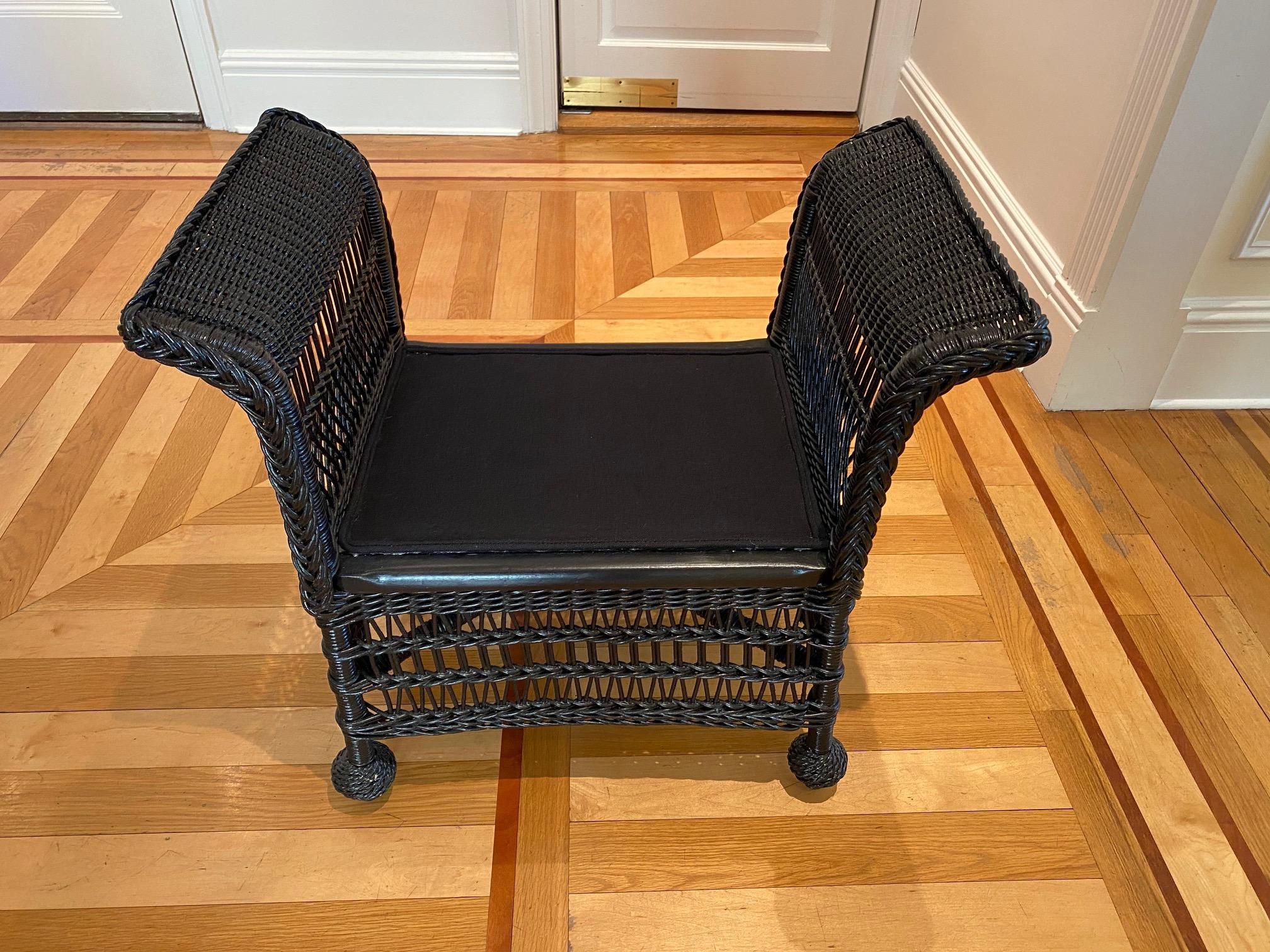 Linen Vintage Wicker Bench or Footstool in Black Finish