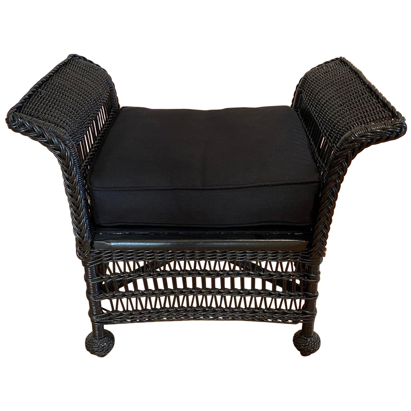 Vintage Wicker Bench or Footstool in Black Finish