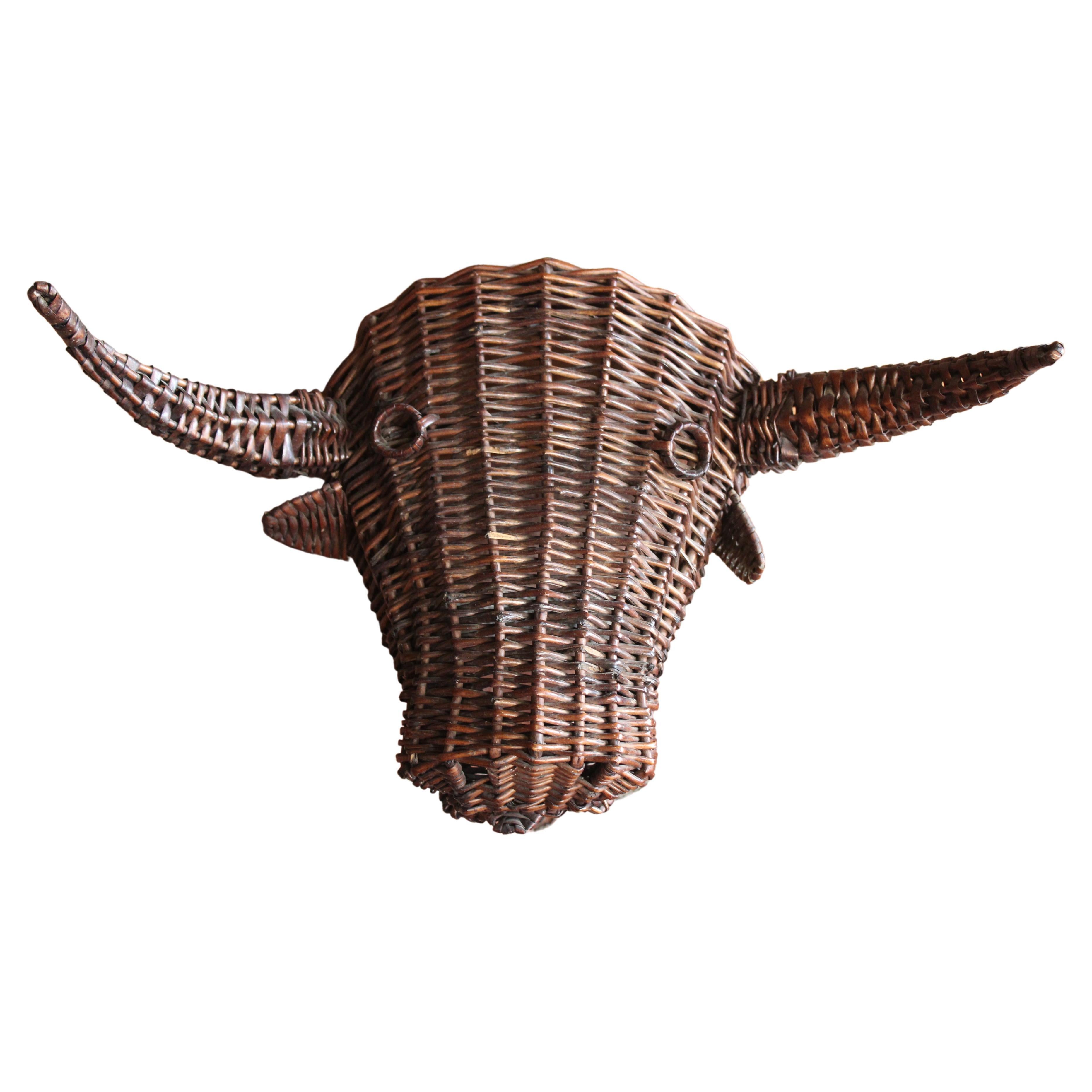 Vintage Wicker Bull Head, Spain, 1960s