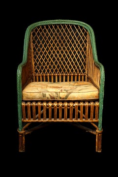 Vintage Wicker Chair W/ Cushion and a Green Painted Edge