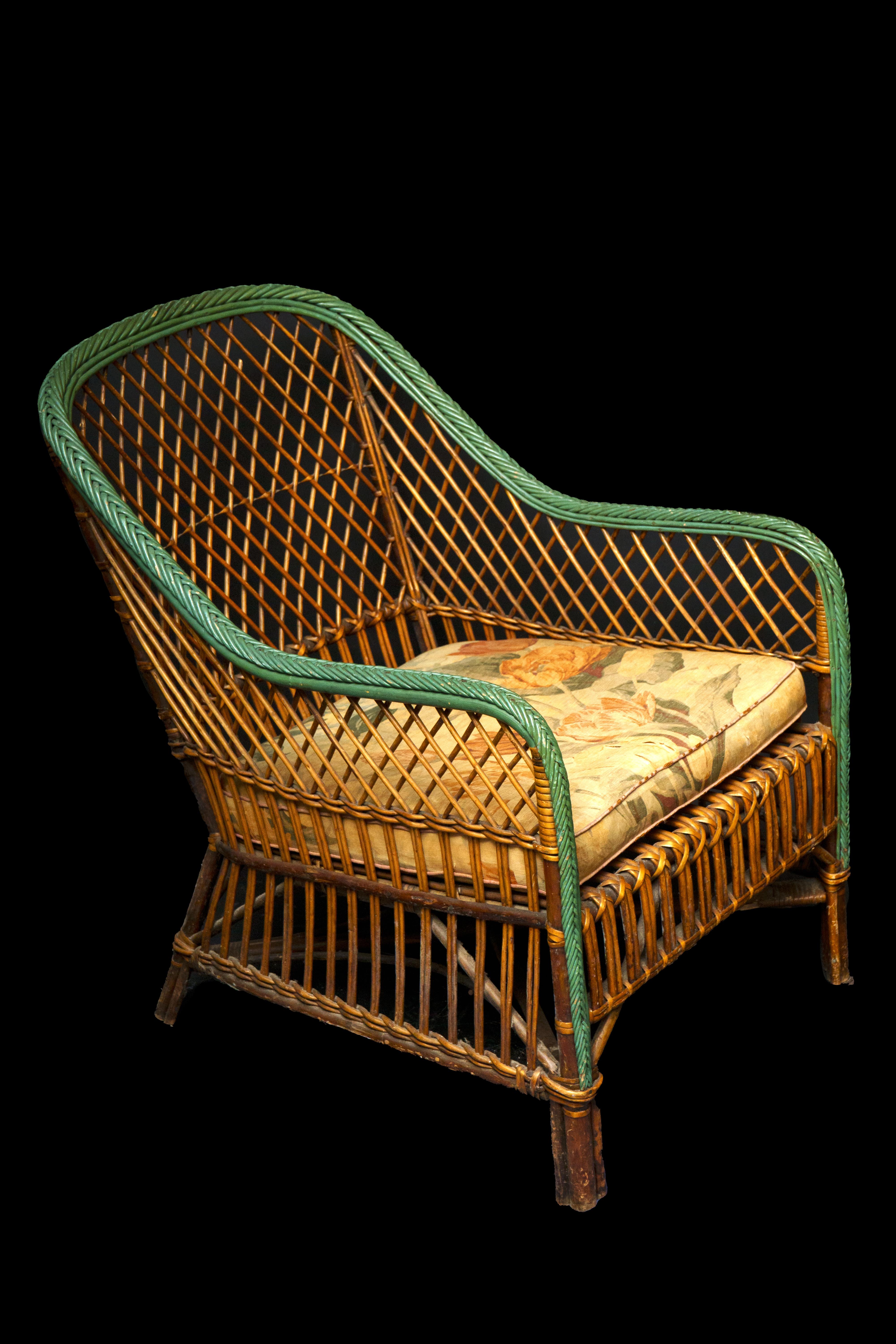 Vintage Wicker Chair W/ Cushion and a Green Painted Edge In Excellent Condition In New York, NY