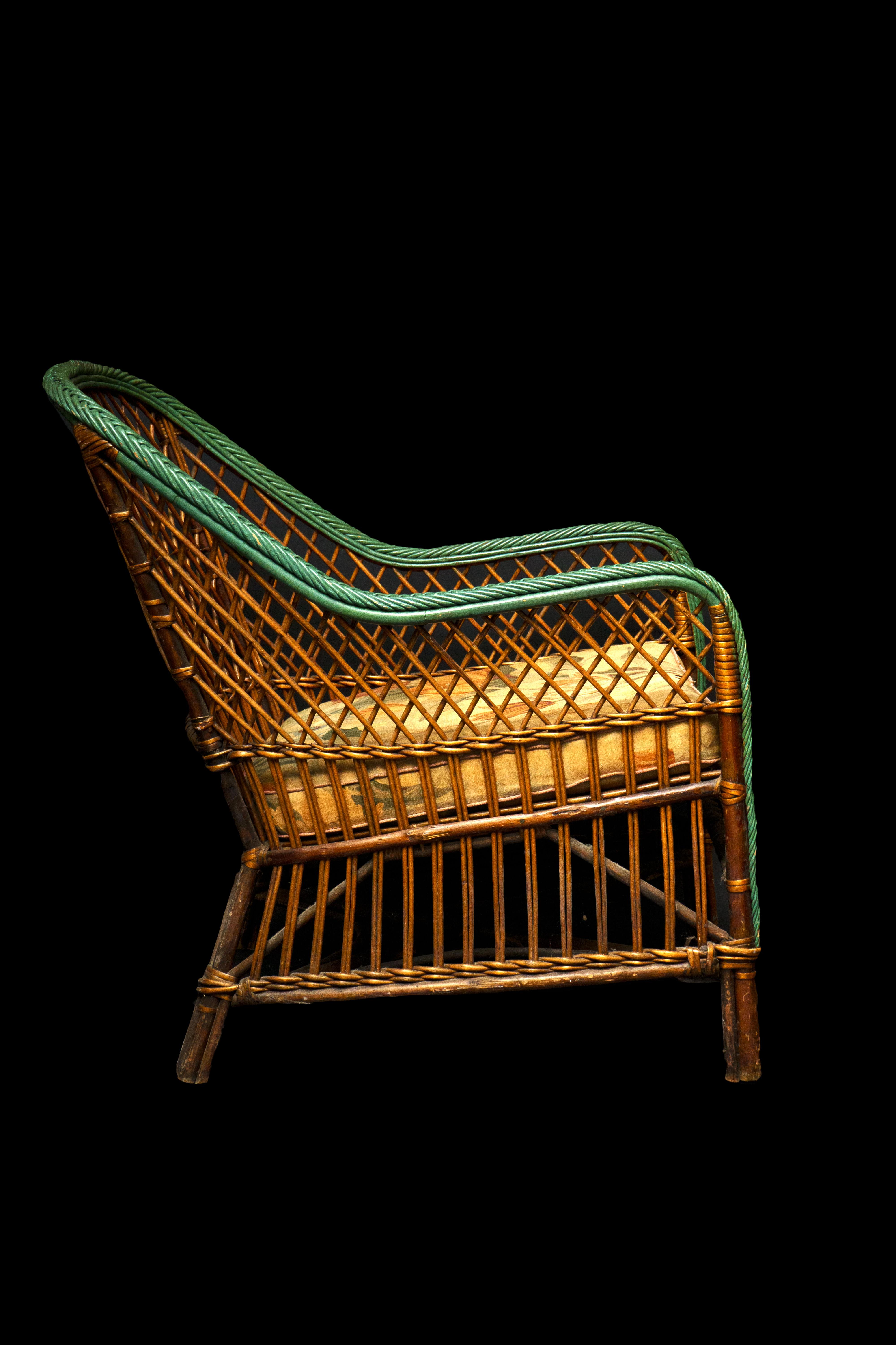 20th Century Vintage Wicker Chair W/ Cushion and a Green Painted Edge