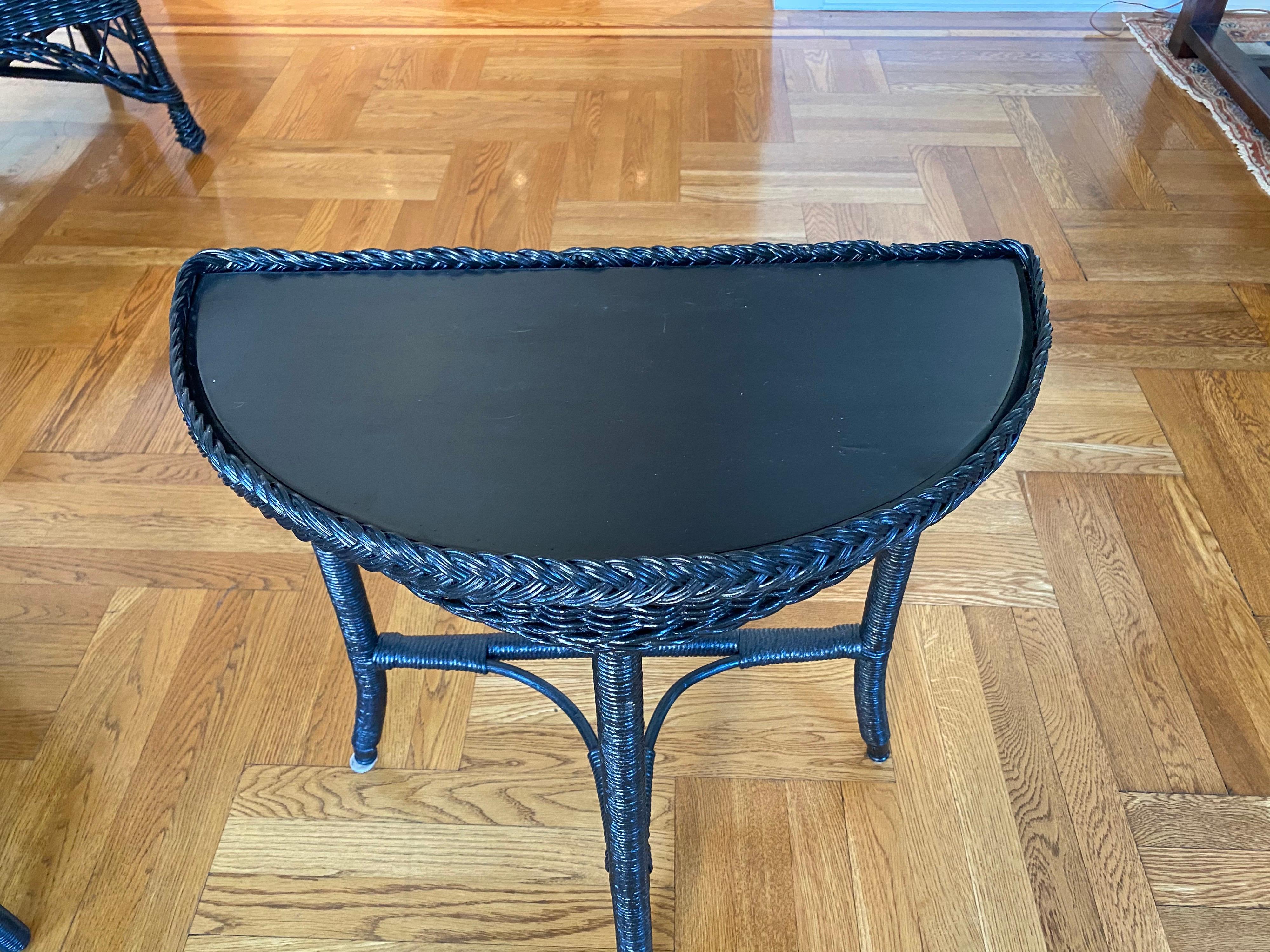Vintage Wicker Demilune in Black Finish In Good Condition In Southampton, NY