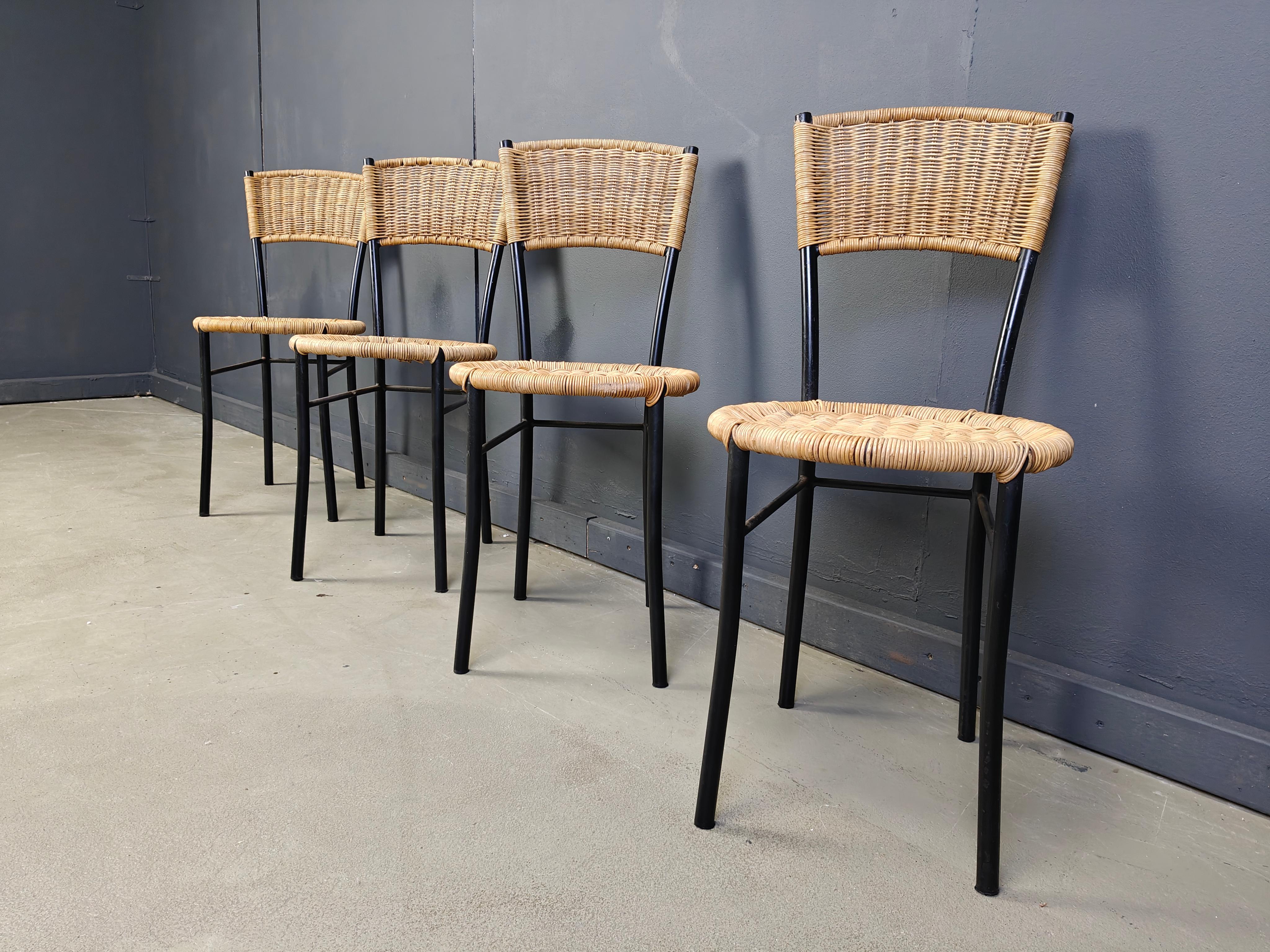 Metallo Sedie da pranzo in vimini vintage, anni '80 - set da 4 in vendita