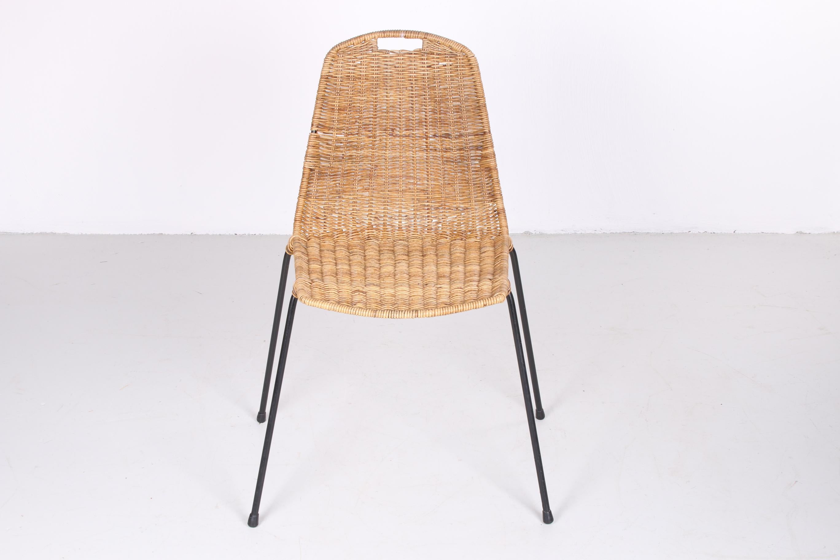 Vintage Wicker Dining Table Chair with Black Metal Legs 4