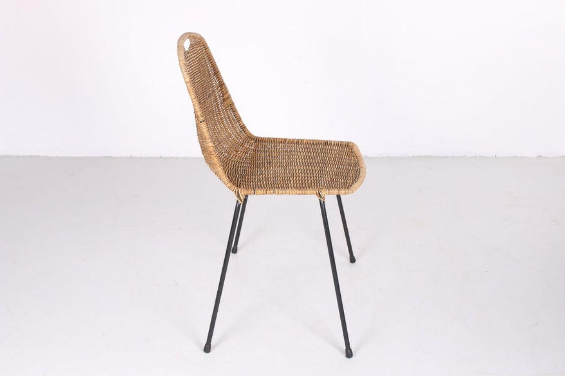 Mid-Century Modern Vintage Wicker Dining Table Chair with Black Metal Legs
