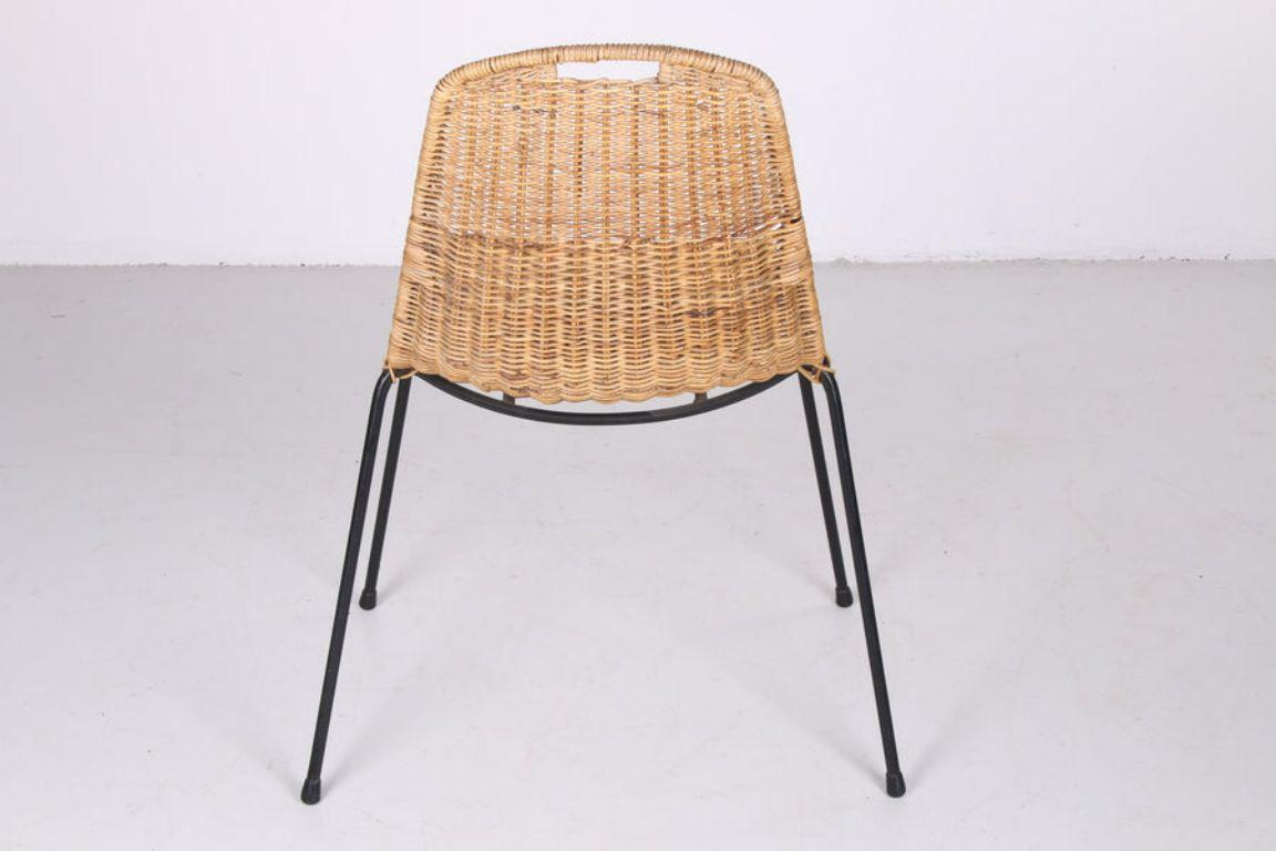 French Vintage Wicker Dining Table Chair with Black Metal Legs