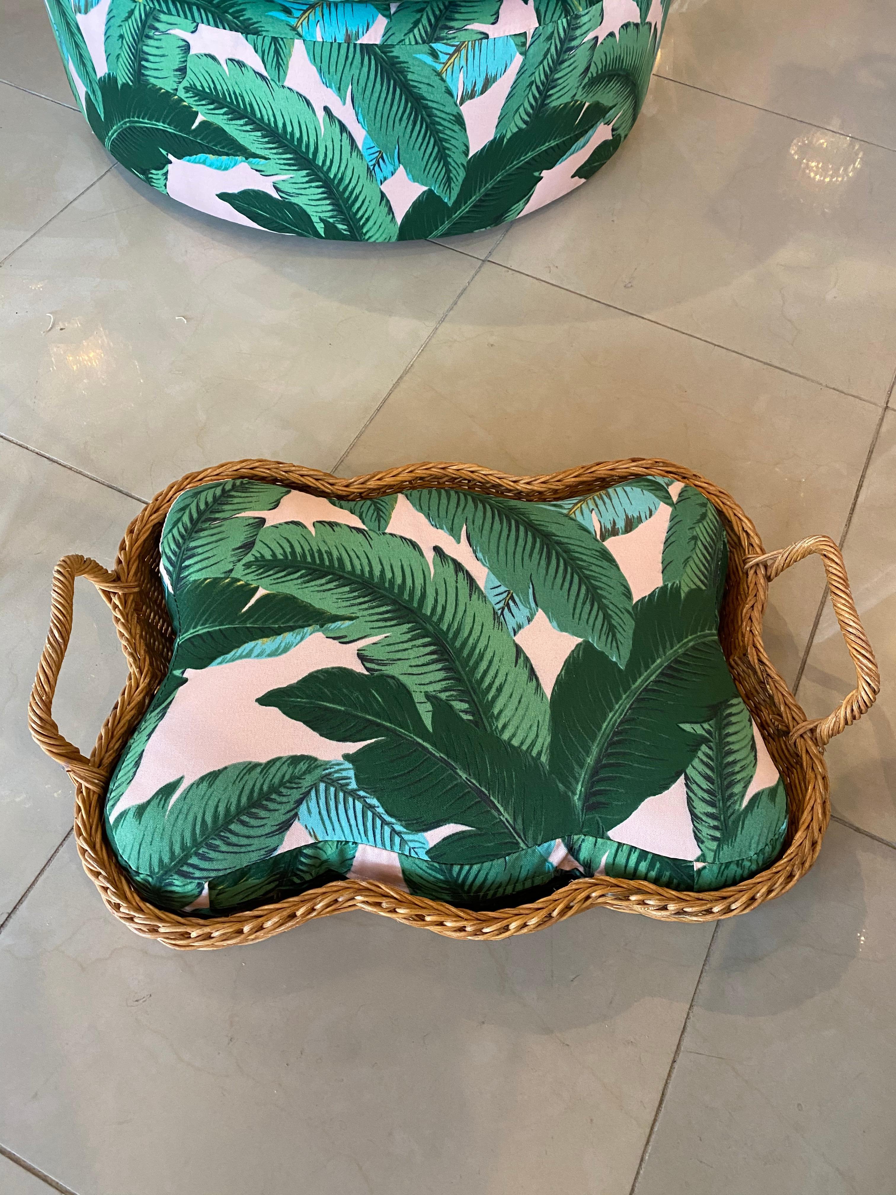 Vintage Wicker Dog Pet Bed Tropical Leaf Upholstery Small 1