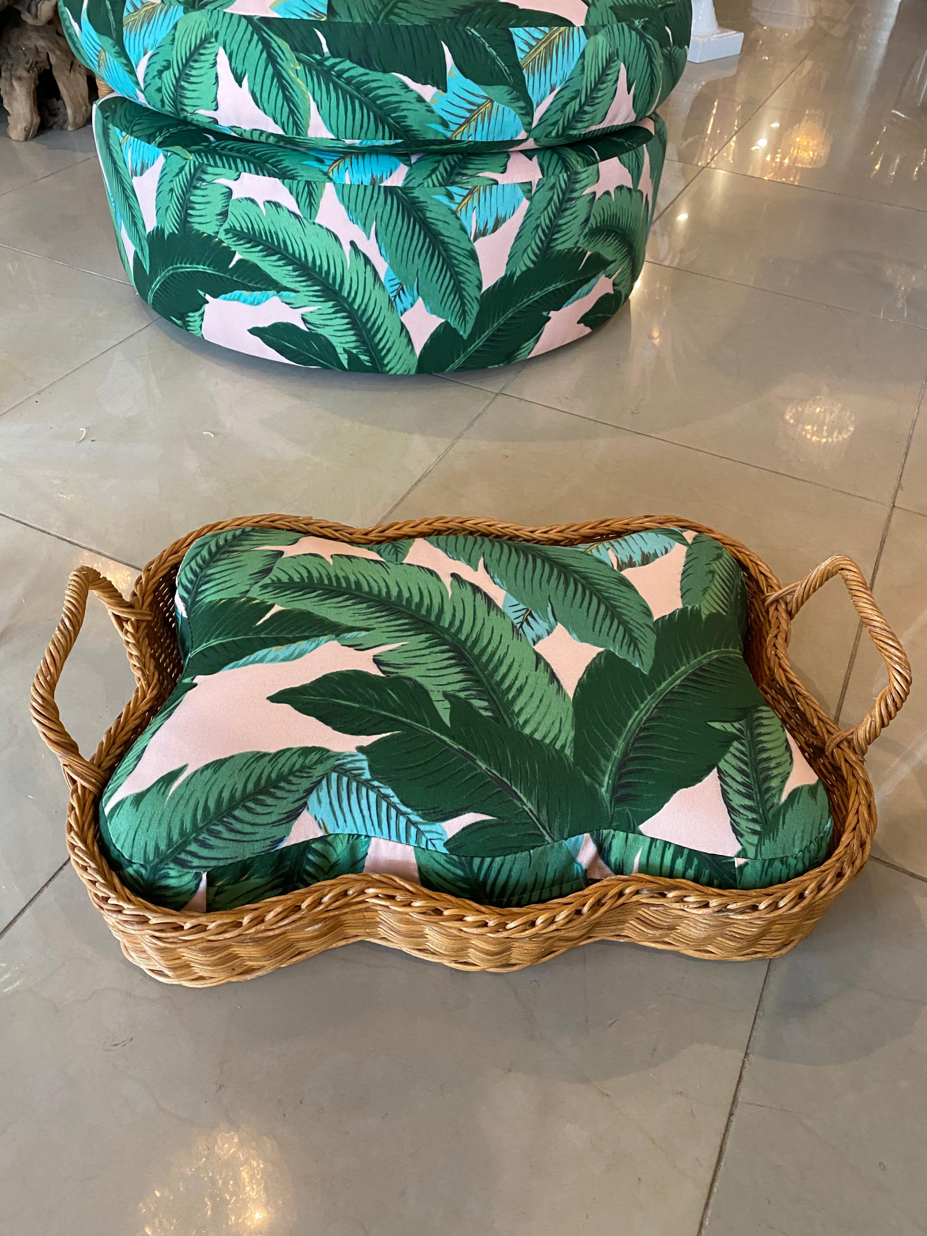 Vintage wicker basket with custom coral pink tropical leaf fabric. New foam insert with zipper, indoor/outdoor fabric for durability. Larger size available.