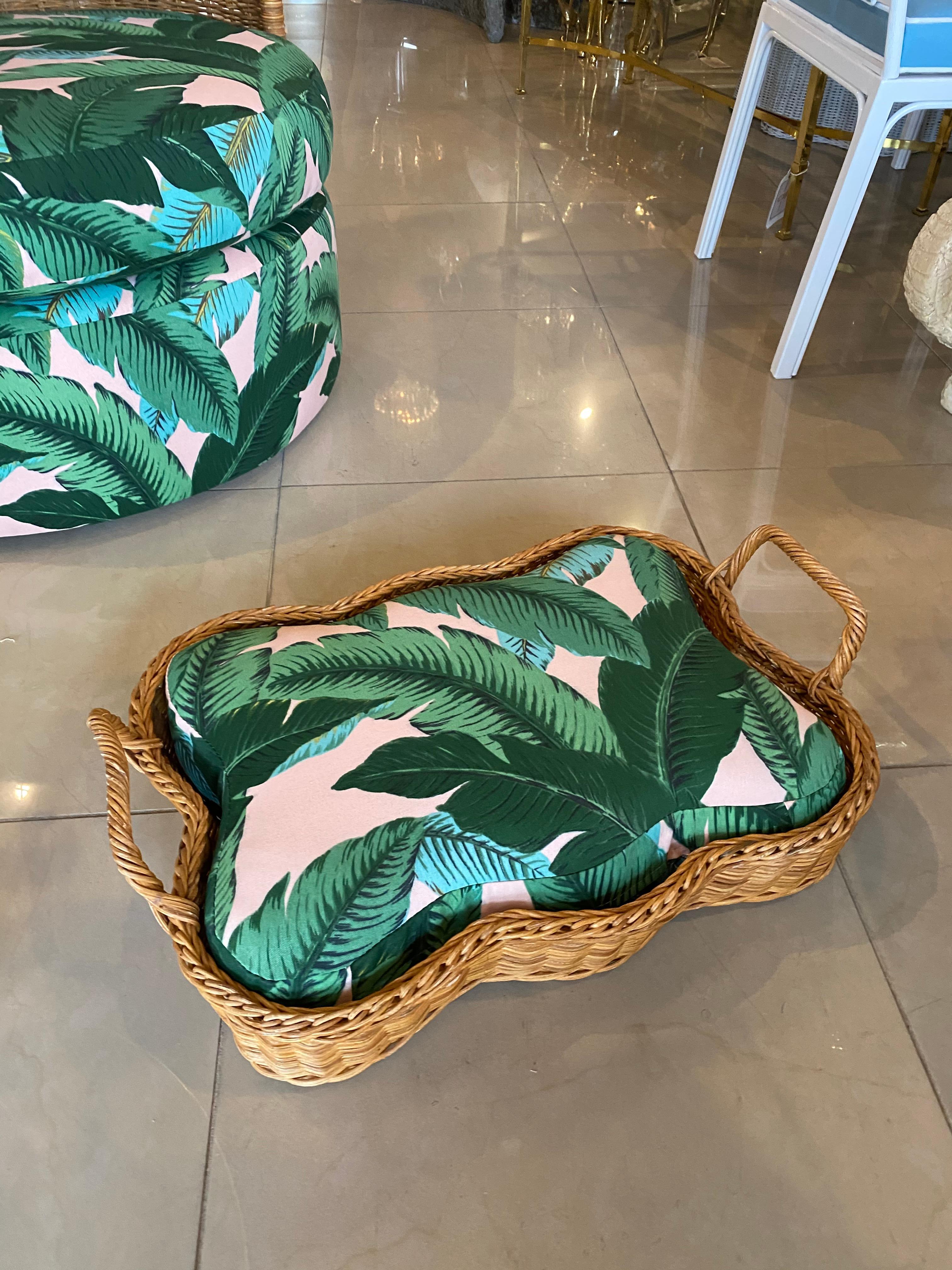 American Vintage Wicker Dog Pet Bed Tropical Leaf Upholstery Small