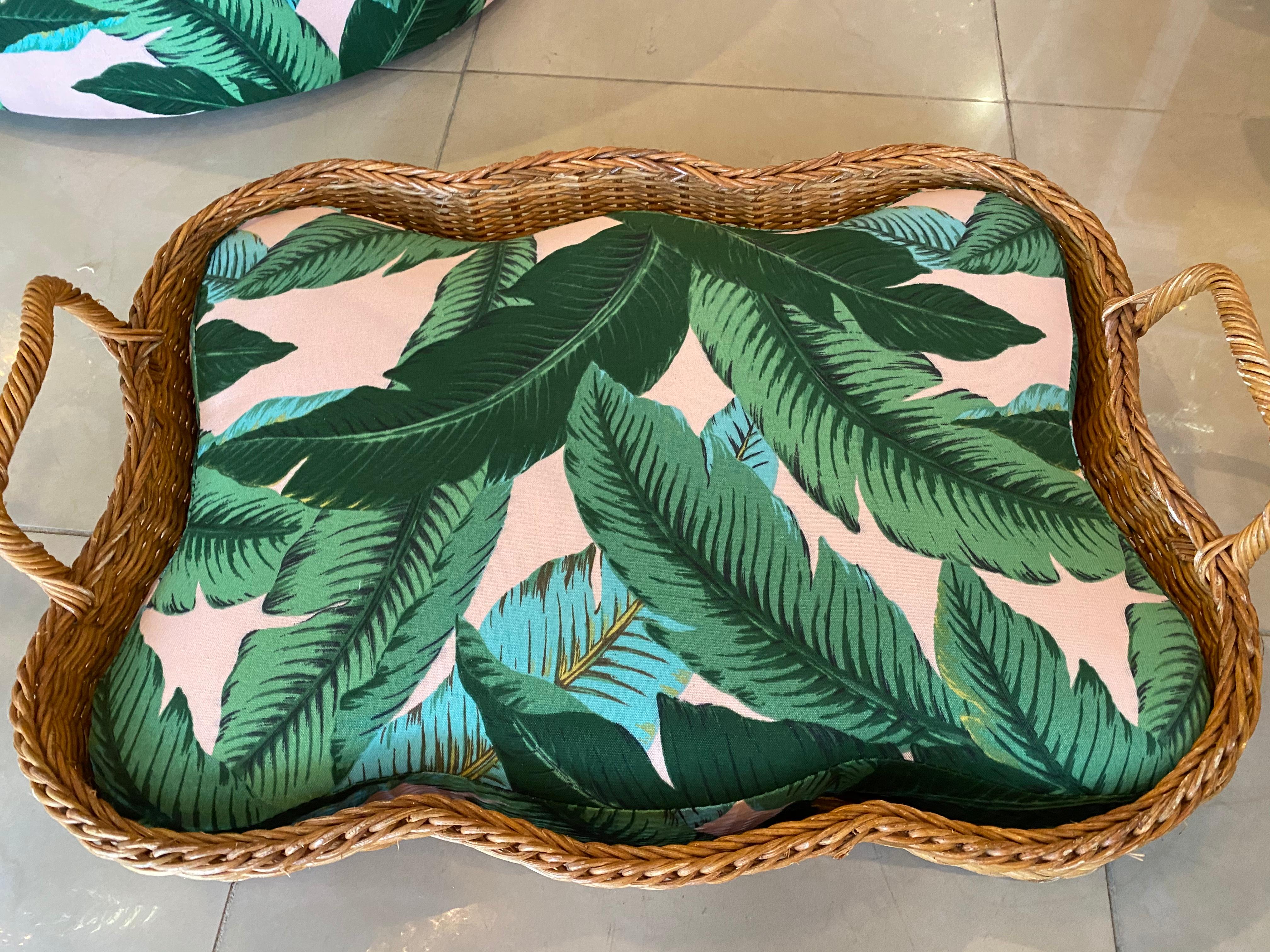 Late 20th Century Vintage Wicker Dog Pet Bed Tropical Leaf Upholstery Small