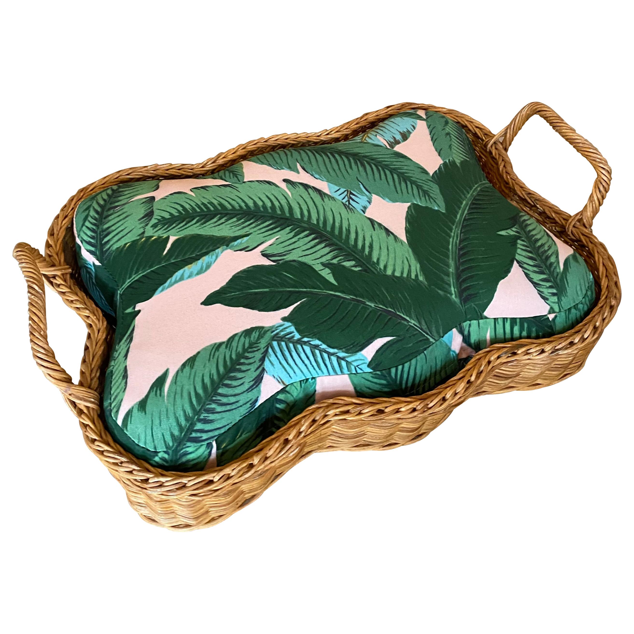 Vintage Wicker Dog Pet Bed Tropical Leaf Upholstery Small