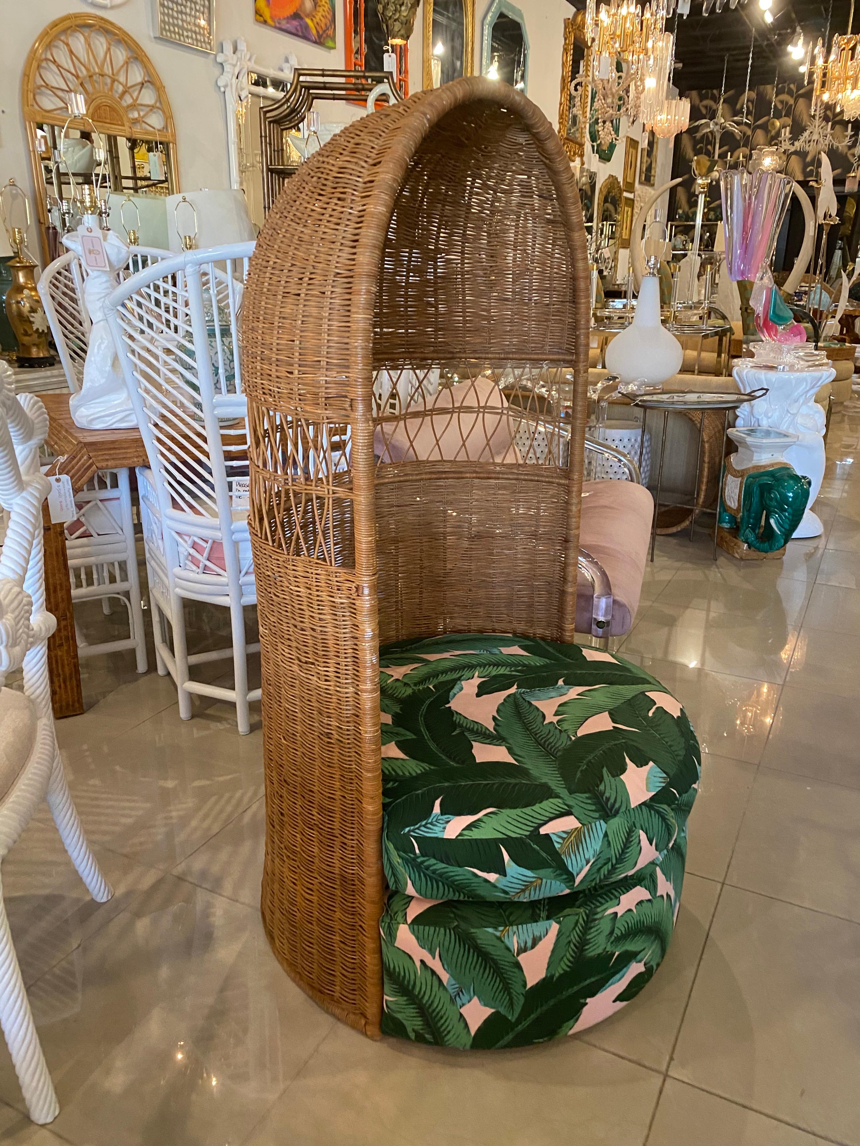 Vintage Wicker Dome Hooded Chair Coral Pink Tropical Leaves Leaf Upholstery 2