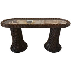 Vintage Wicker Double Pedestal Swirl Base Console Table Glass Top