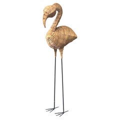Vintage Wicker Flamingo Floor Sculpture on Iron Legs