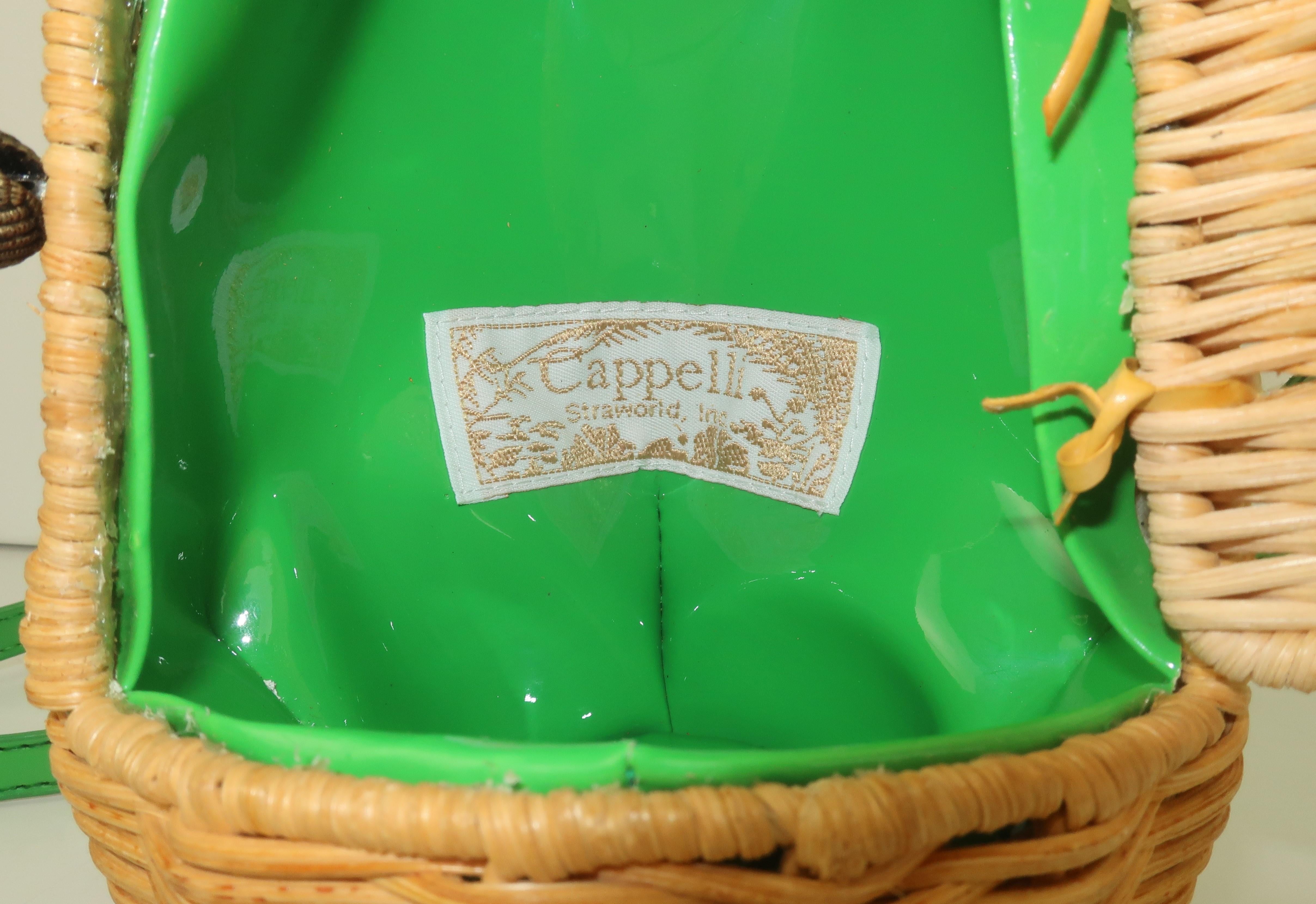 Vintage Wicker Frog Novelty Handbag With Green Patent Shoulder Strap 2