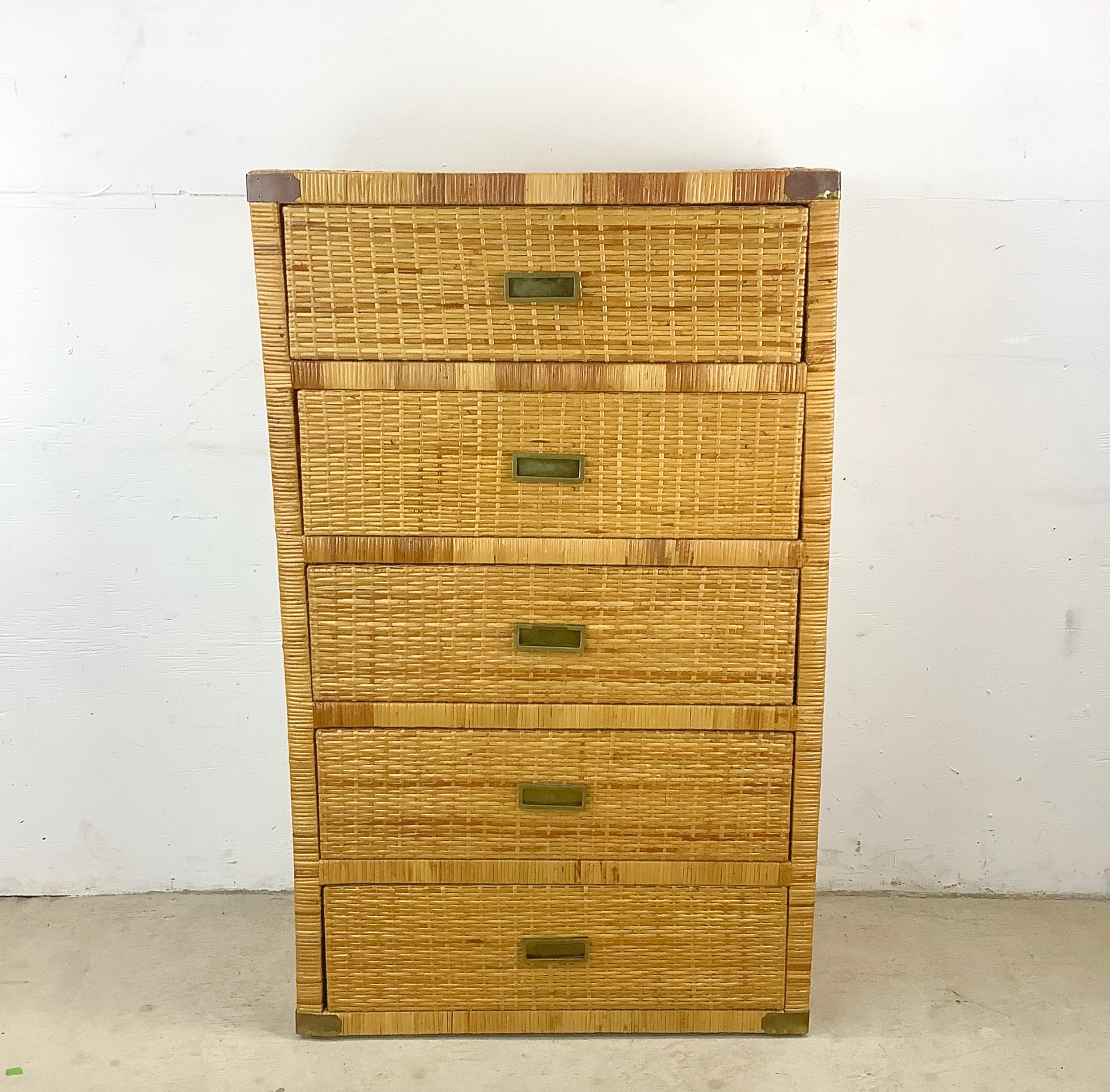 Introducing this Vintage Wicker Campaign Style Coastal Highboy – a delightful fusion of natural charm and timeless elegance that adds a touch of character to any space. Crafted with sturdy wicker and wood materials, this Bielecky Brothers style