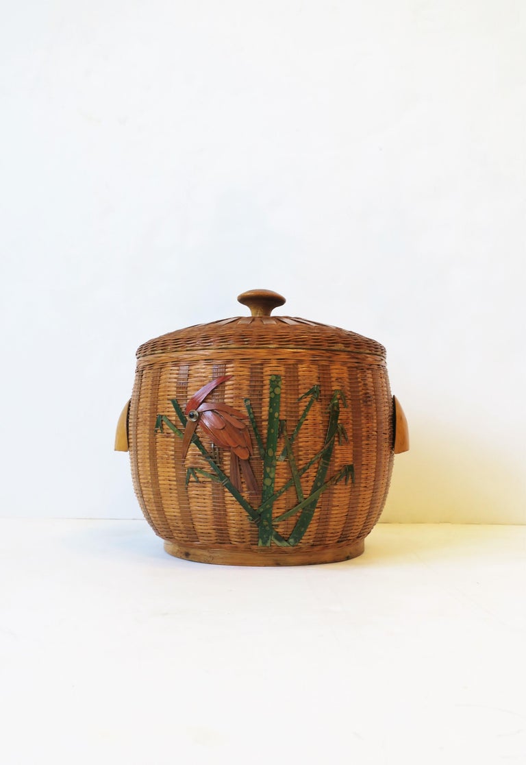 Vintage Wicker Ice Bucket with Bird Design at 1stDibs