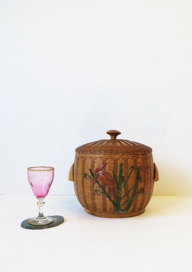 Vintage Wicker Ice Bucket with Bird Design at 1stDibs