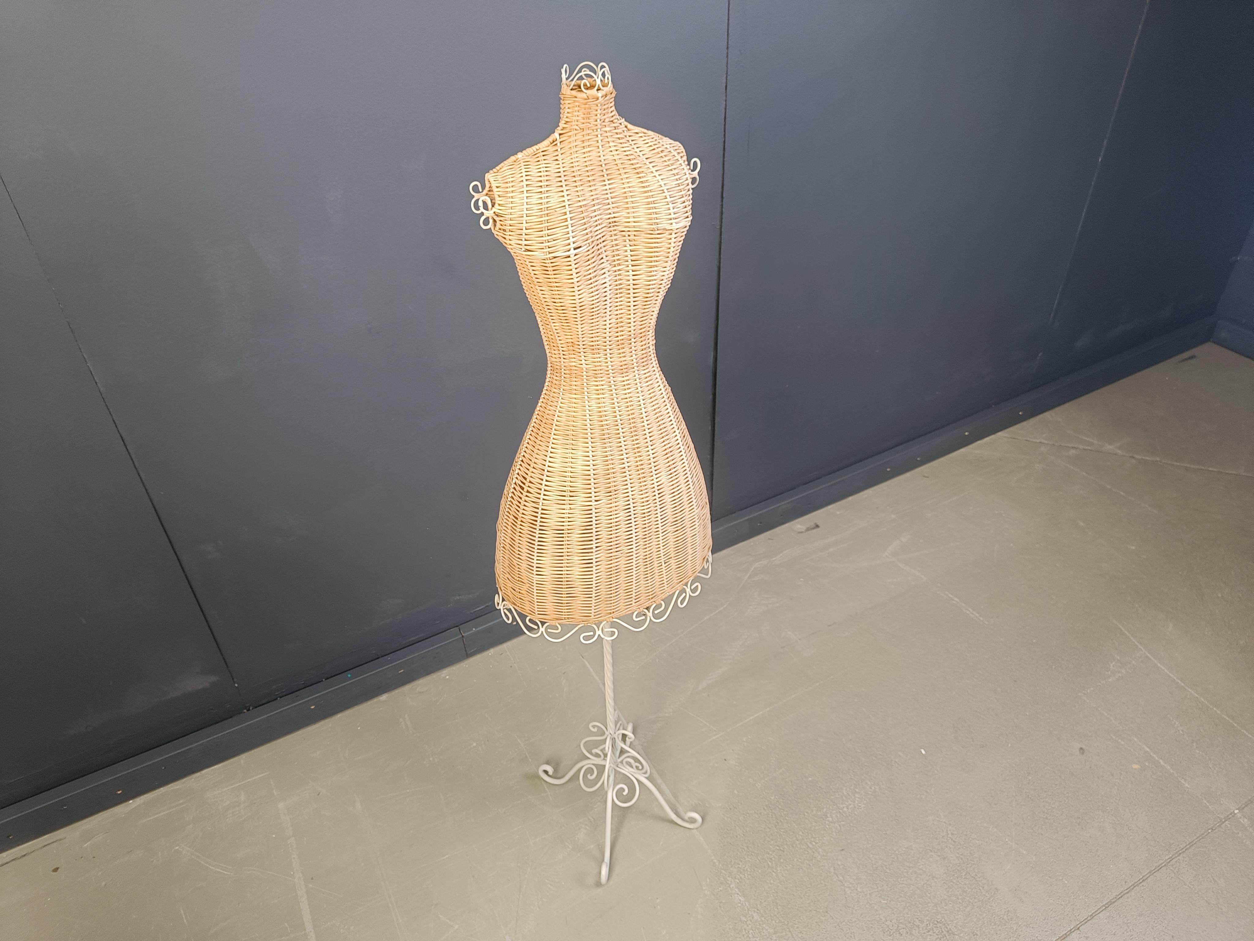 Mid-Century Modern Vintage wicker mannequin on a wrought iron base, 1960s For Sale