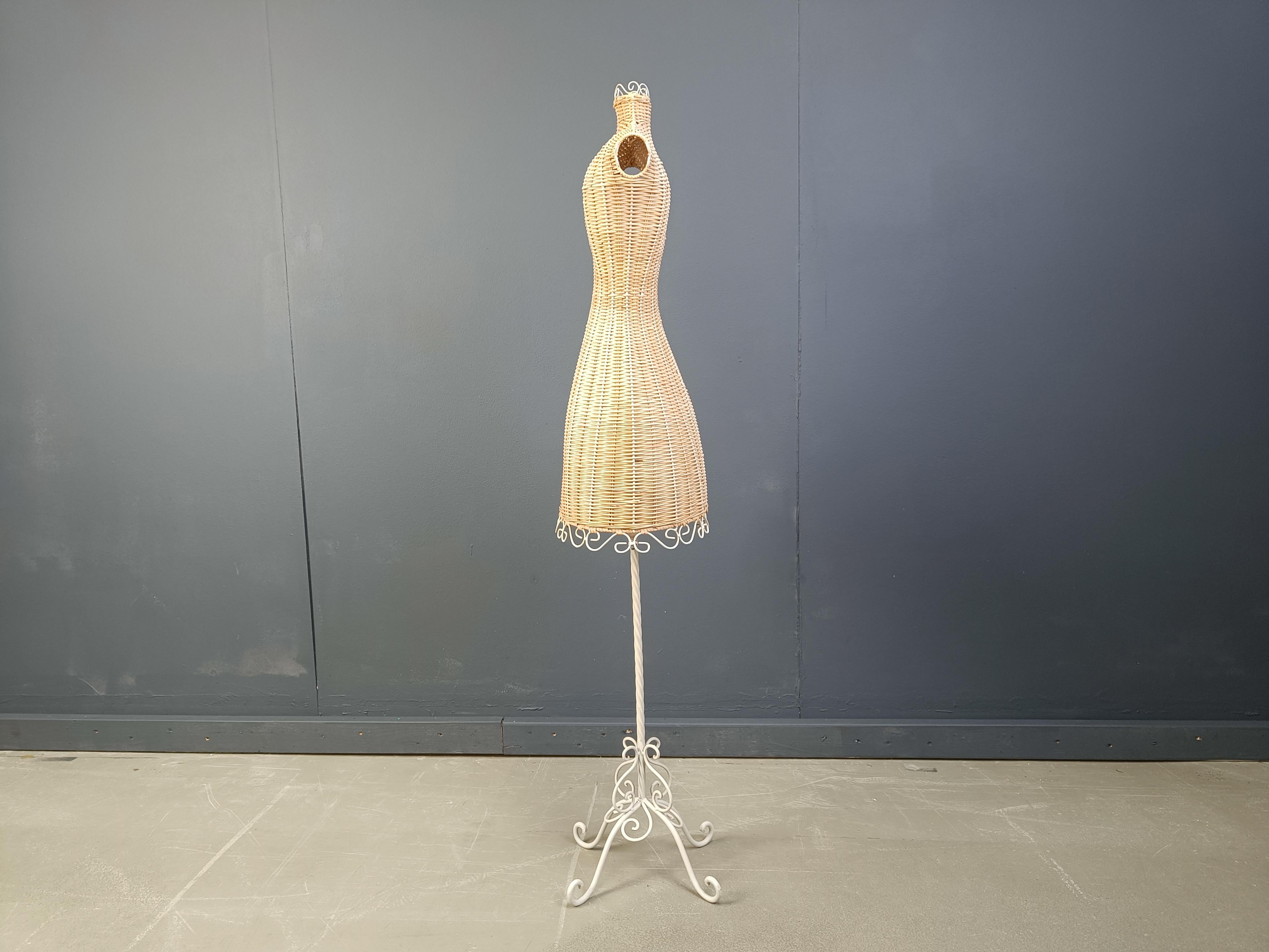Wicker Vintage wicker mannequin on a wrought iron base, 1960s For Sale