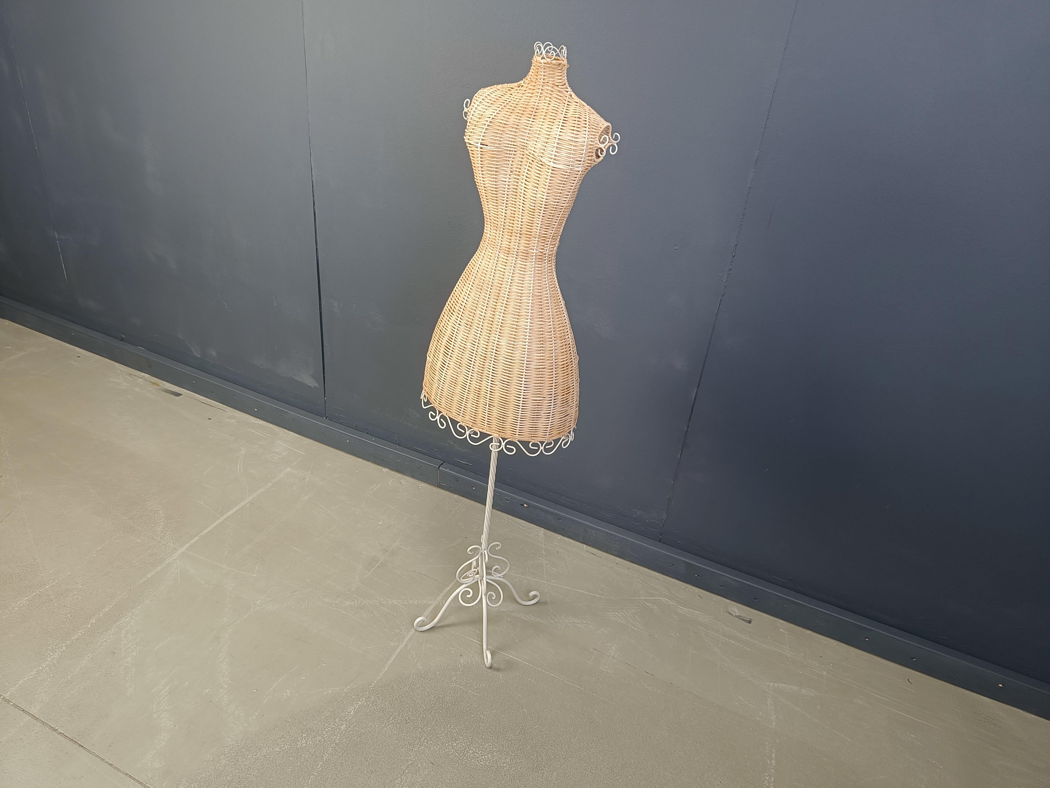 Vintage wicker mannequin on a wrought iron base, 1960s For Sale 2