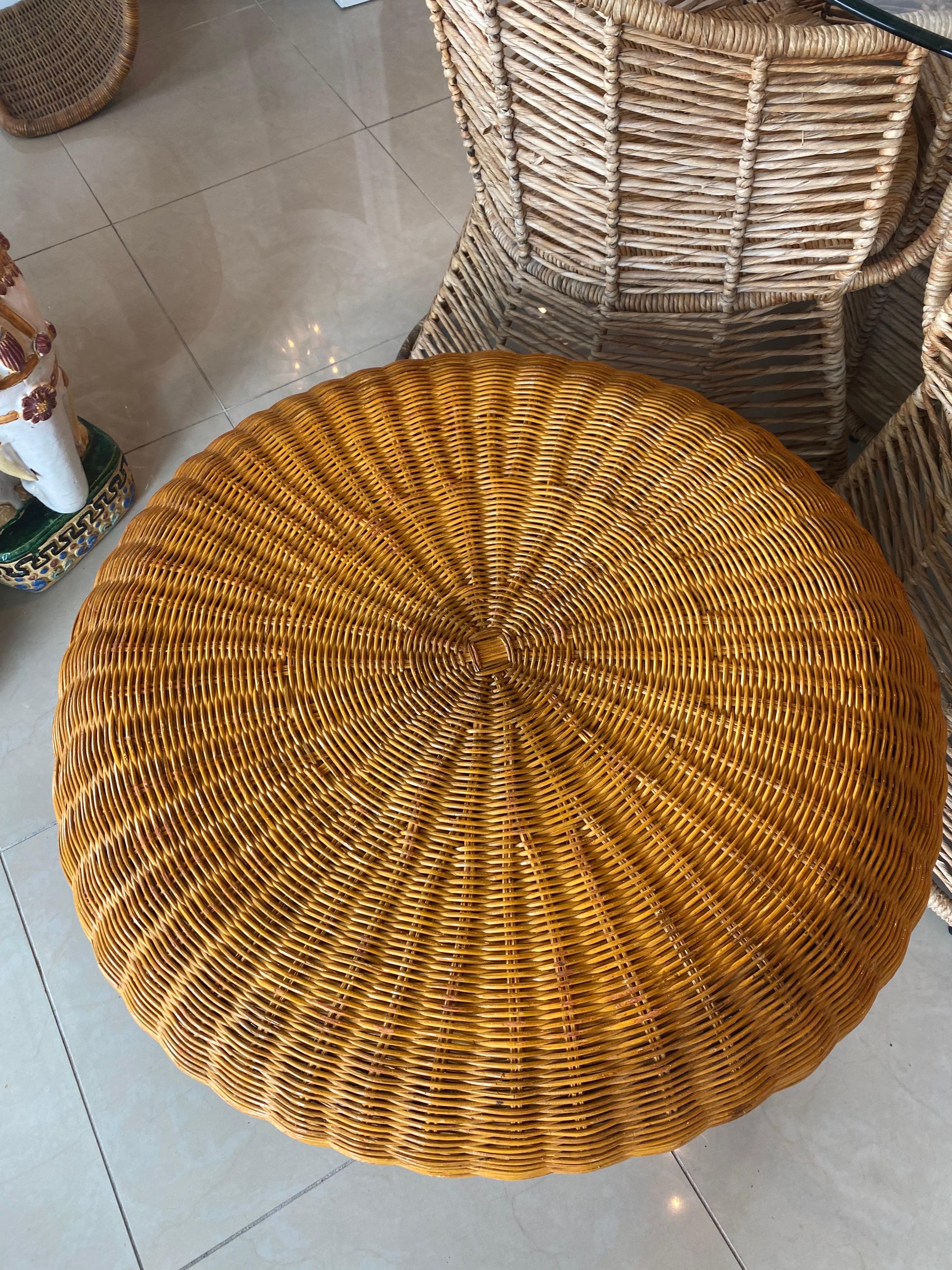 Lovey vintage wicker coffee table in the shape of a mushroom. Mo damage to wicker. You could also add a glass top to this.